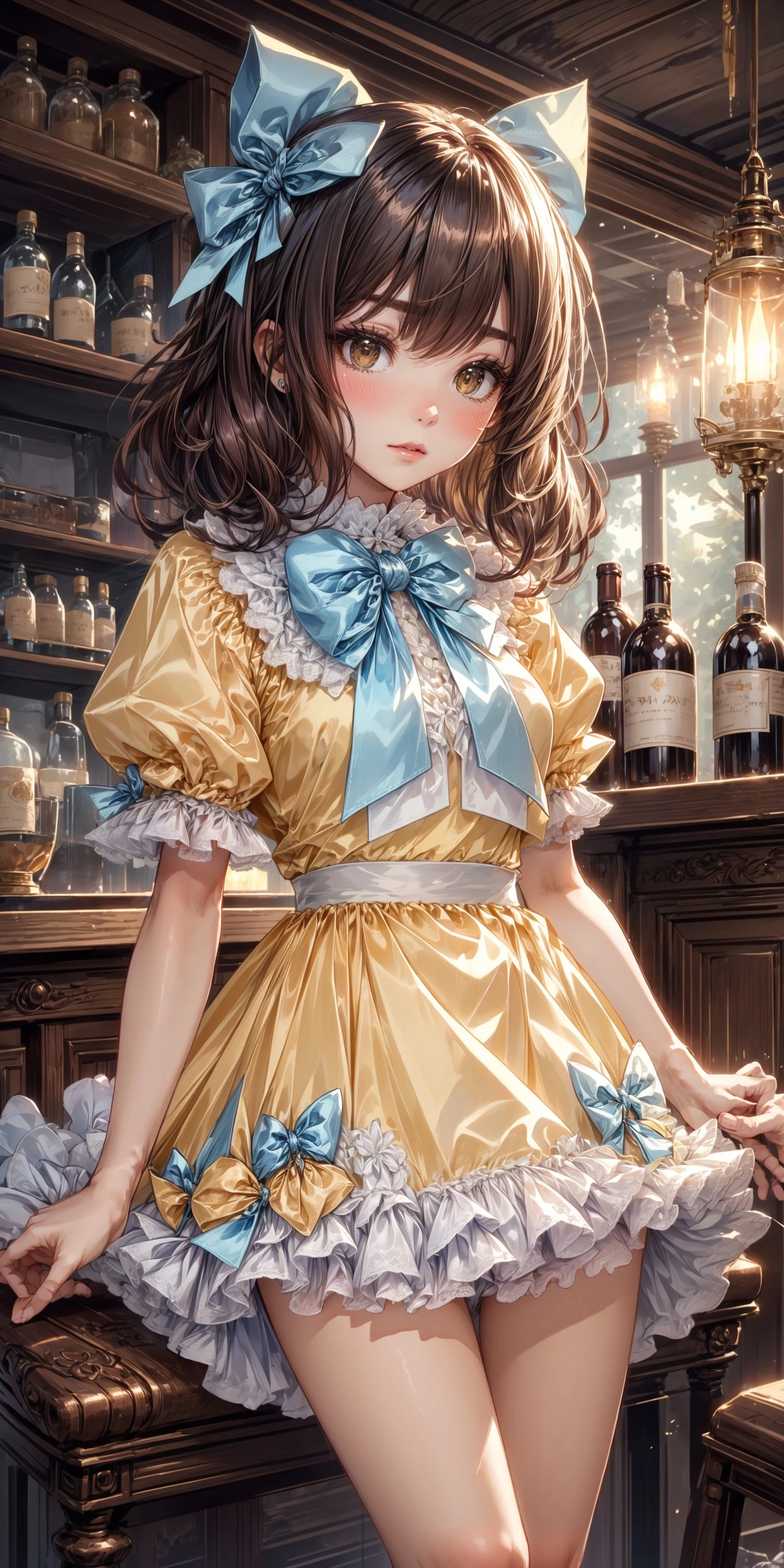 1girl, blushing, full face blushing, light yellow shiny satin puffy dress, white lace peter pan collar, light yellow lace-trimmed puffy short sleeves, white lace, white lace trim, (white lace trim on puffy short sleeves), light yellow short attached ribboned dress skirt, white (puffy petticoat), petticoat under dress, blue bows, blue large shiny satin bowtie, <lora:more_details:0.7>, <lora:scene_:0.5>, <lora:FashionComplexityEnhancerLORAv1:0.4>, <lora:ada14372-730c-4a75-85b0-f88aad1e5b06:0.6>, <lora:2e7fa73a-6616-4428-8b5f-0e65efaa9198:0.4>, <lora:bar:0.4>, <lora:96073874-f082-4683-942e-601cecac5c40:0.3>, <lora:f7d08feb-f21d-42d0-9ef1-a9481867524d:0.3>, , , , ,