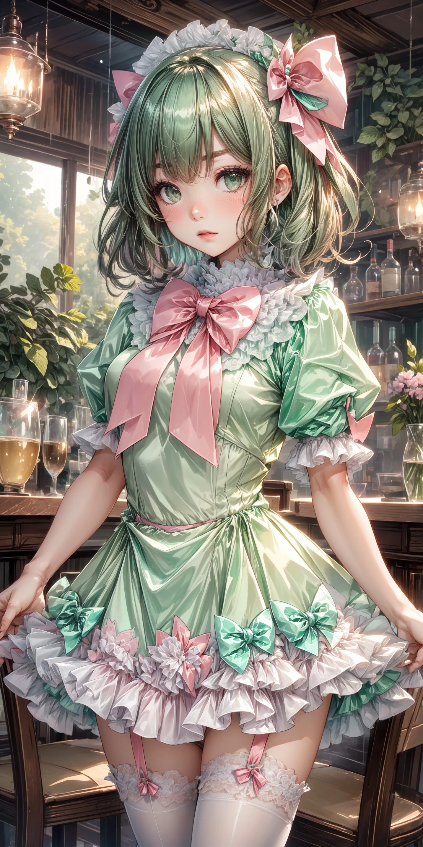 1girl, blushing, full face blushing, mint green shiny satin puffy dress, white lace peter pan collar, mint green lace-trimmed puffy short sleeves, white lace, white lace trim, (white lace trim on puffy short sleeves), mint green short attached ribboned dress skirt, white (puffy petticoat), petticoat under dress, pink bows, pink large shiny satin bowtie, <lora:more_details:0.7>, <lora:scene_:0.5>, <lora:FashionComplexityEnhancerLORAv1:0.4>, <lora:ada14372-730c-4a75-85b0-f88aad1e5b06:0.6>, <lora:2e7fa73a-6616-4428-8b5f-0e65efaa9198:0.4>, <lora:bar:0.4>, <lora:96073874-f082-4683-942e-601cecac5c40:0.3>, <lora:f7d08feb-f21d-42d0-9ef1-a9481867524d:0.3>, , , , ,