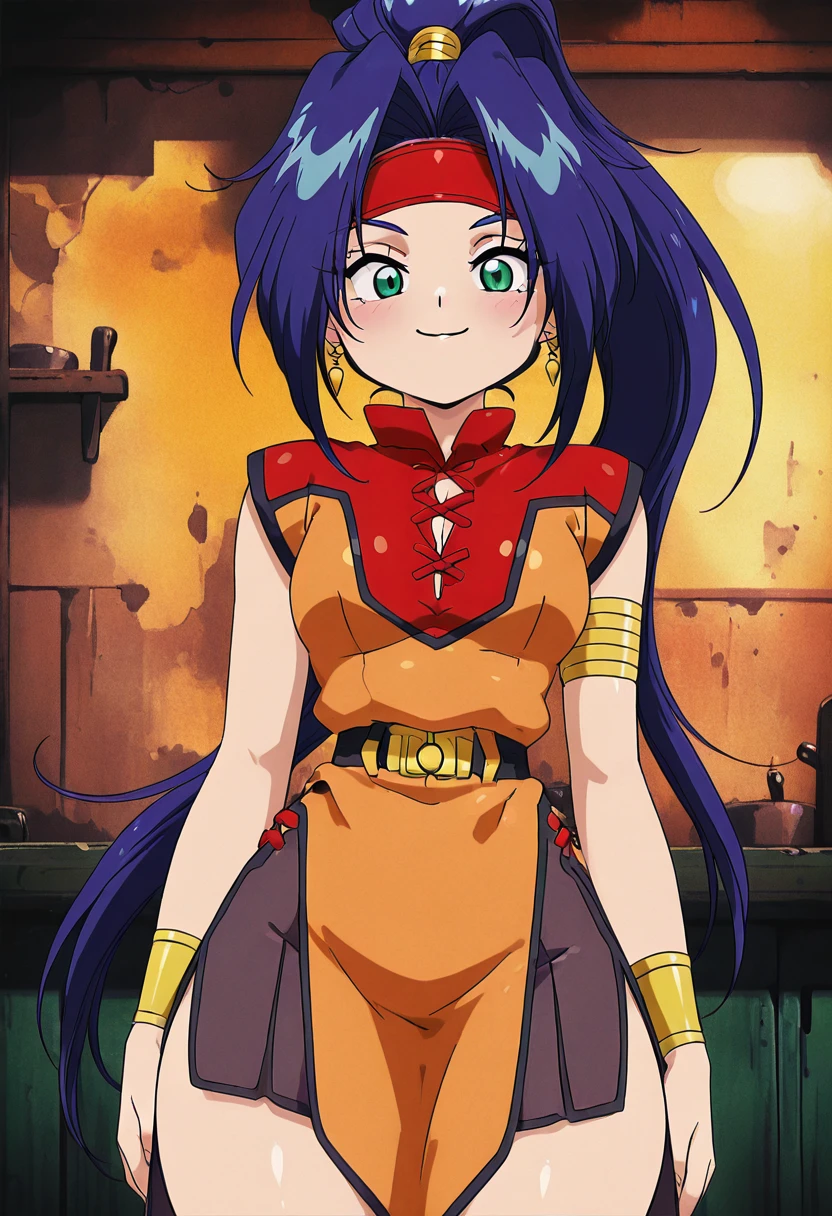 masterpiece, best quality, solo, curvy, beautiful eyes, narrow waist, wide hips, 1girl, solo, smile, looking at viewer, foreshortening, close up, zzMariam, green eyes, long hair, blue hair, ponytail, headband, belt, earrings, bracelet, dress, chinese clothes, black skirt, , <lora:MariamBeybladeIXL:1.0>, , smile, looking at viewer, cowboy shot, <lora:CuteRetroStyle_IXL_v1:1.2>,