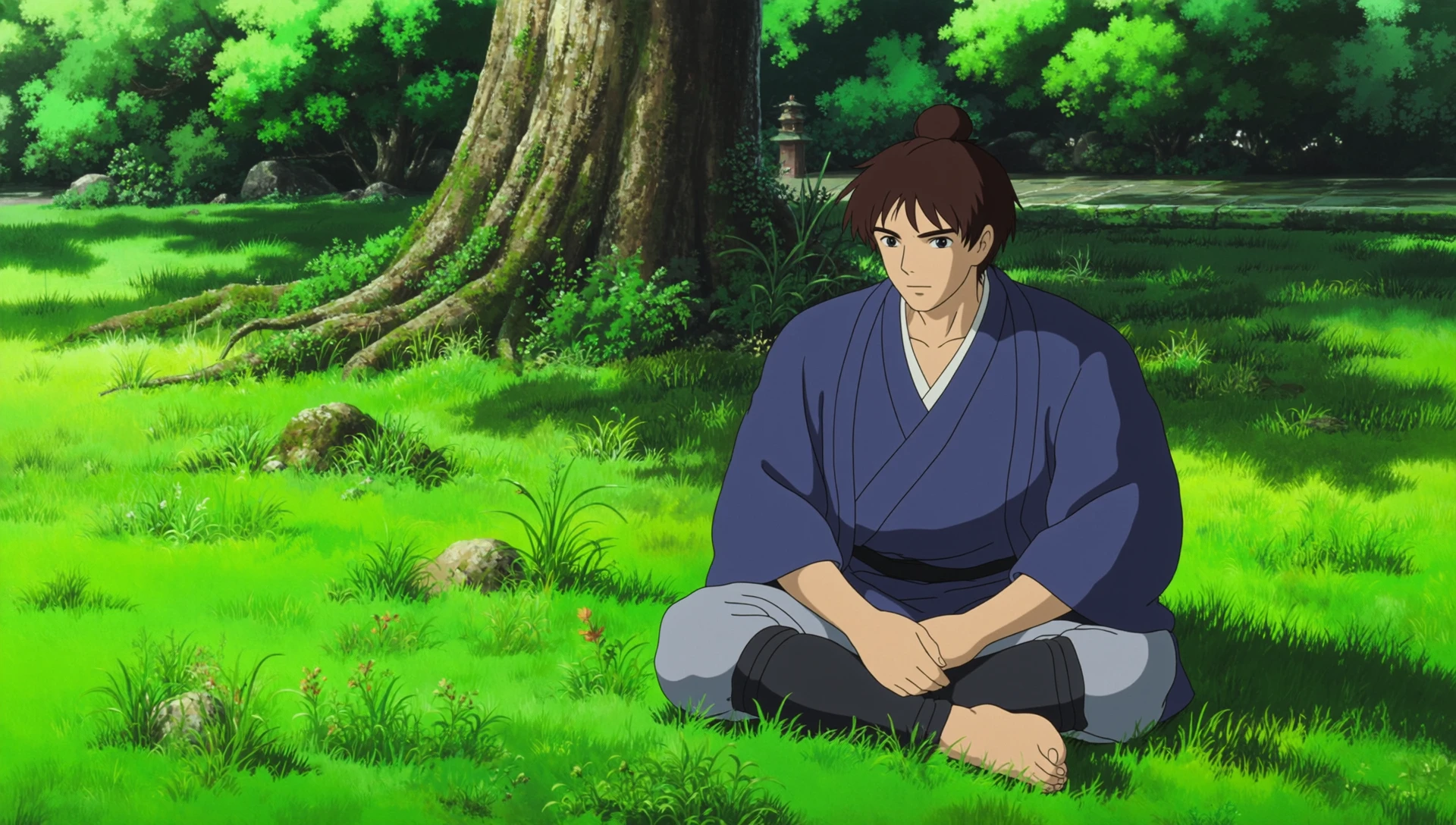 an anime screencap in ghibli style of
, , A young man stands atop a skyscraper, overlooking a city engulfed in flames. He's dressed in a striking red longcoat, the fabric flowing dramatically in the wind. Beneath it, he wears black trousers that are tucked into sturdy boots. His chest is bare, revealing a strong physique, and his blonde hair is tousled by the breeze. Perched on his nose are round, red-tinted sunglasses, adding an air of mystery to his expression. A sarcastic smile plays on his lips as he surveys the fiery chaos below, a hint of amusement in his eyes.,
masterpiece,