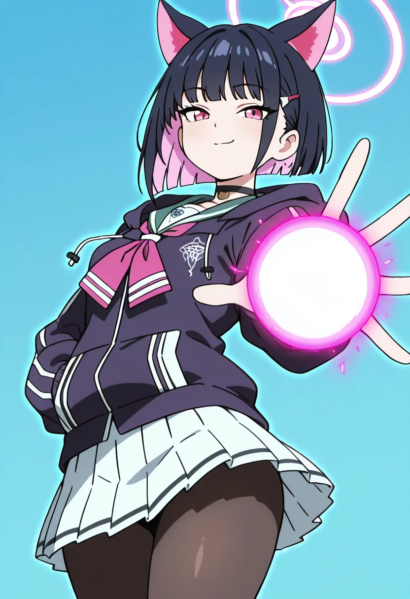 masterpiece, best quality, solo, curvy, beautiful eyes, narrow waist, wide hips, 1girl, solo, smile, looking at viewer, zzKazusa, pink eyes, black hair, colored inner hair, hair ornament, hairclip, multicolored hair, pink hair, pink halo, short hair, two-tone hair, cat ears, black choker, black jacket, hooded jacket, school uniform, pleated skirt, white skirt, pink neckerchief, black pantyhose, green sailor collar, <lora:KyouyamaKazusaBlueArchive_IXL_v1:1.0>, ,vivid aura, looking at viewer, blue background, smug, aura, super saiyan, charging energy, energy ball, energy, lightning, <lora:DBSBroly_Style_IXL_v2:0.6>,