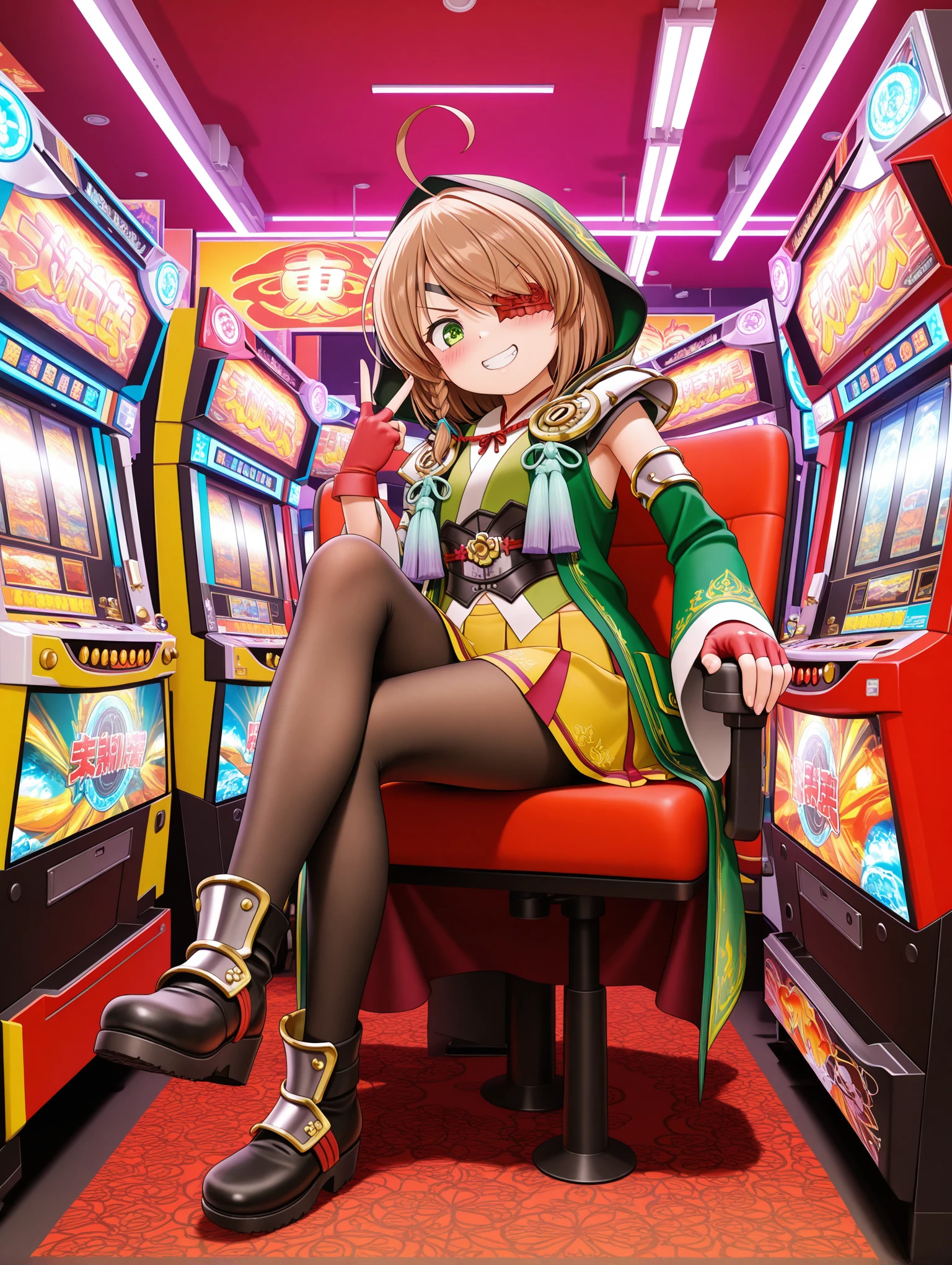 indoors, pachislo_parlor, poster (object), carpet, one-leg column base with round foot chairs, neon lights, reflection, pachislot machines in a Japanese arcade, arcade slot cabinet,Japanese arcade slot machine, vibrant LED, dynamic reflections, three spinning reels, monitor,
sitting, playing machinery, looking at machinery,
<lora:pachislo_parlor_Illustrious_2.0-XL_v1:1>
v-shaped eyebrows, blush,,grin
yamamoto_kansuke(sengoku_otome), green eyes, ahoge, brown hair, braid, eyepatch,
hood, armor, green detached sleeves, fingerless gloves, skirt, yellow skirt, pleated skirt, black pantyhose, boots,
<lora:yamamoto_kansuke(sengoku_otome)_Illustrious-XL_v1:0.8>, 8k, masterpiece, newest, absurdres, best quality, amazing quality, very aesthetic, ultra-detailed, highly detailed
1girl, solo,
