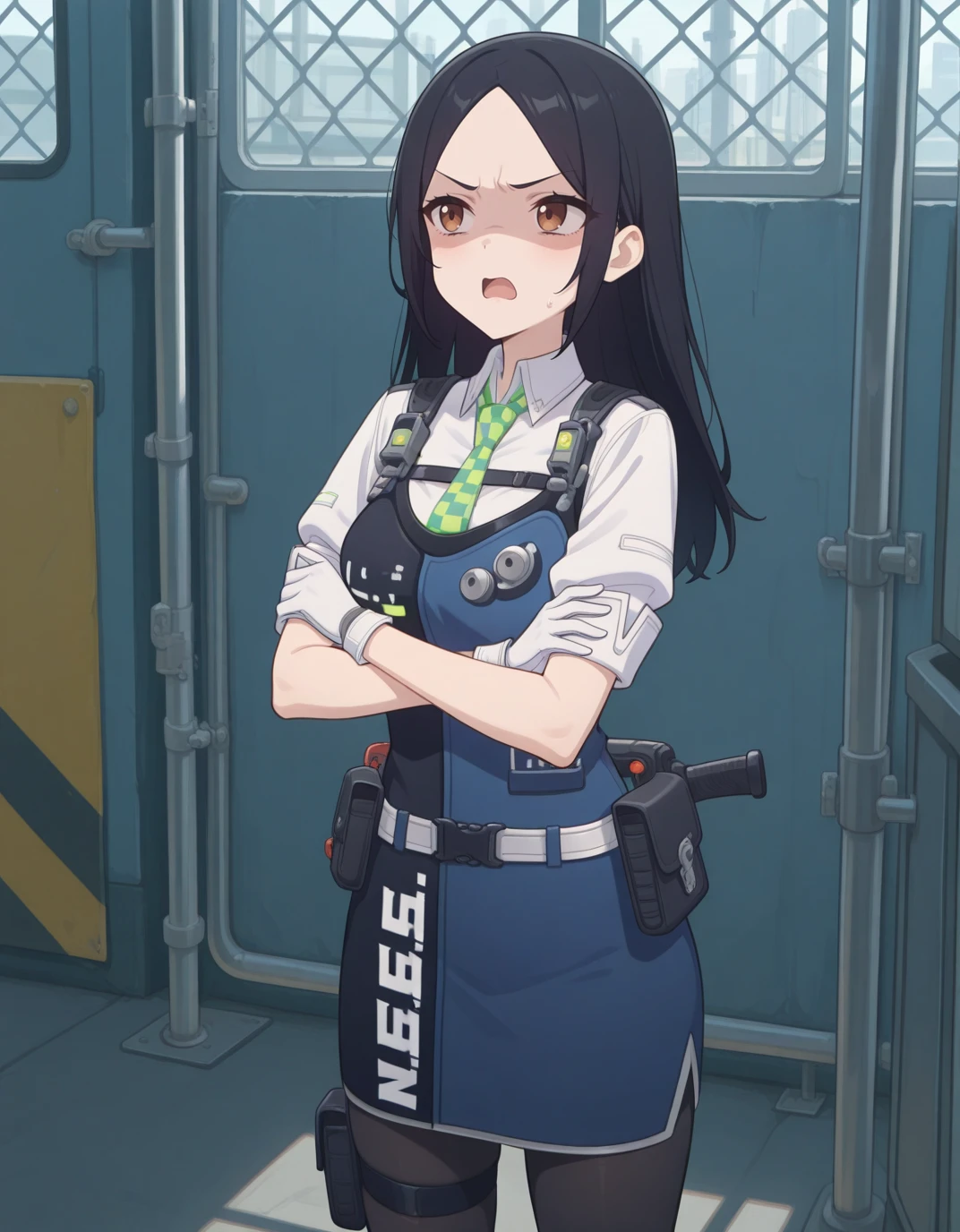 solo, <lora:AESita:1> AESita, brown eyes, black hair, long hair, parted bangs, blue dress, green necktie, collared shirt, short sleeves, white shirt, white gloves, holster, walkie-talkie, belt, black pantyhose, thigh strap, portrait, look to the side, disgust, open mouth, crossed arms,, masterpiece, best quality, high quality, highres, 4k, newest, anime,