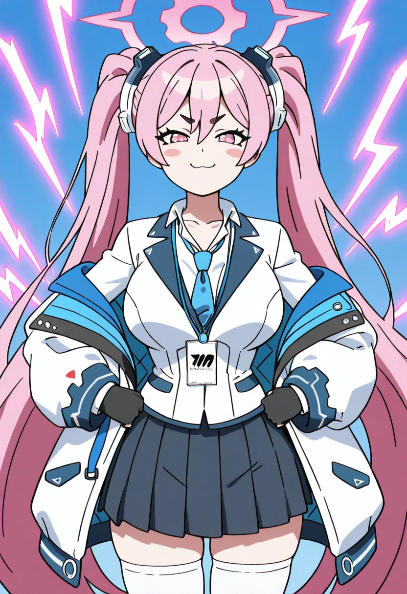 masterpiece, best quality, solo, curvy, beautiful eyes, narrow waist, wide hips, 1girl, solo, smile, looking at viewer, zzKoyuki, pink eyes, hair between eyes, long hair, pink hair, pink halo, twintails, hair ornament, aged up, large breasts, black skirt, blue necktie, collared shirt, long sleeves, pleated skirt, white jacket, white shirt, white thighhighs, black gloves, blush stickers, id card, open jacket, <lora:KurosakiKoyukiBlueArchive_IXL_v1:1.0>, ,vivid aura, looking at viewer, blue background, smug, aura, super saiyan, charging energy, energy ball, energy, lightning, <lora:DBSBroly_Style_IXL_v2:0.6>,