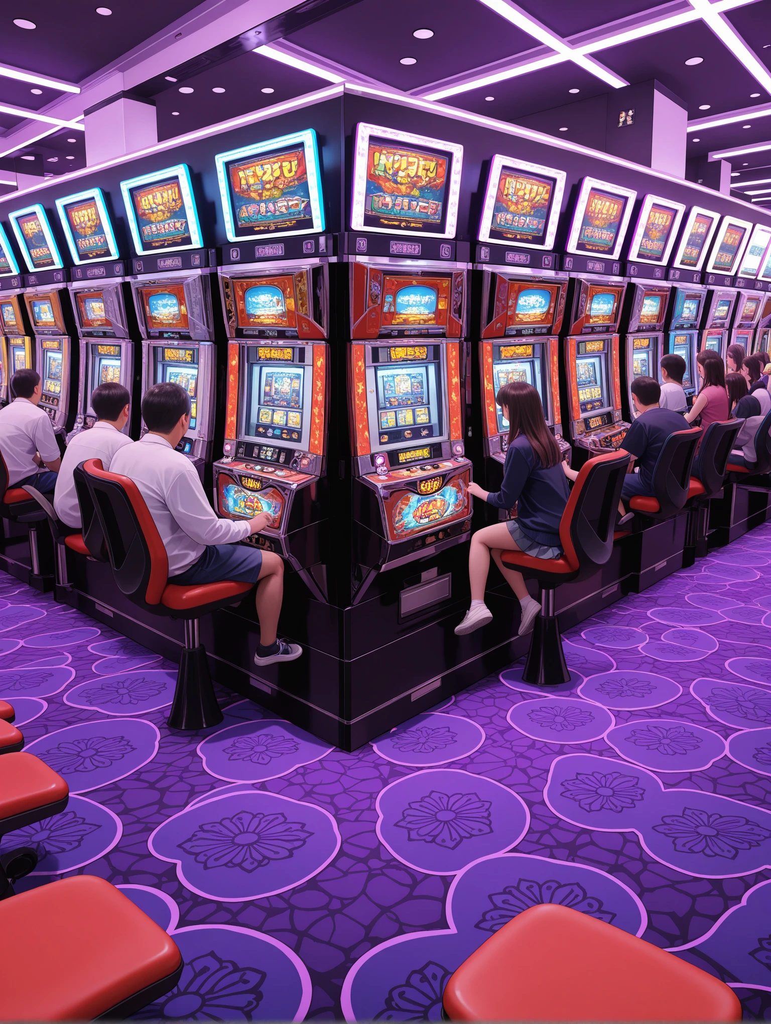 indoors, pachislo_parlor, poster (object), carpet, one-leg column base with round foot chairs, neon lights, reflection, pachislot machines in a Japanese arcade, arcade slot cabinet,Japanese arcade slot machine, vibrant LED, dynamic reflections, three spinning reels, monitor, 
sitting, playing machinery, looking at machinery, 
 <lora:pachislo_parlor_Illustrious_2.0-XL_v1:1>
multiple girls, multiple boys, standing, 8k, masterpiece, newest, absurdres, best quality, amazing quality, very aesthetic, ultra-detailed, highly detailed
1girl, solo,