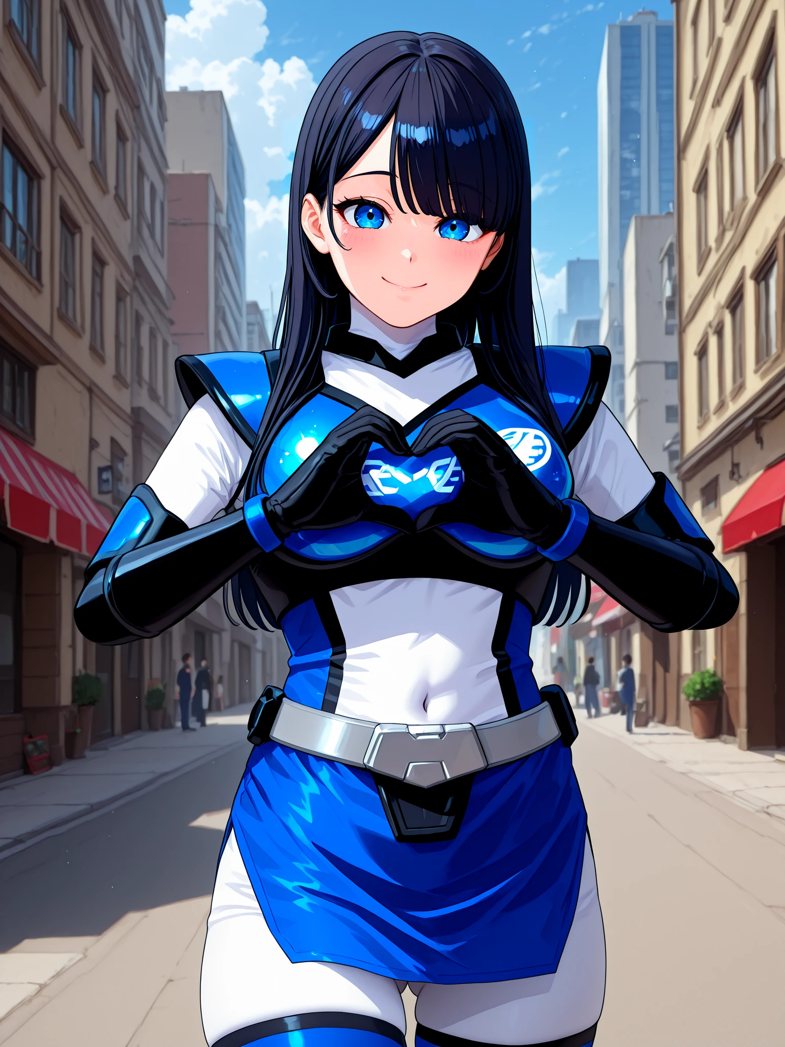 1girl, solo, ak1bab1ue, white neck, white bodysuit, bodysuit under clothes, no headwear, <lora:Akiba_Blue_IL:1>, BREAK,
covered neck, <lora:coveredneck_v1:1>, BREAK,
blue armor, boobplate, shoulder armor, elbow gloves, black gloves, black arm guards, silver belt, microskirt, blue skirt, blue thighhighs, BREAK,
black hair, (swept bangs:1.2), (blunt bangs:0.8), hair over eyes, eyes visible through hair, hair behind ears, long hair, straight hair, blue eyes, large breasts, BREAK,
smile, blush, embarrassed, raised inner eyebrows, looking at viewer, BREAK,
heart hands, covered navel, ass visible through thighs, thick thighs, cowboy shot, BREAK,
outdoors, city, street, blue sky, cloudy sky
