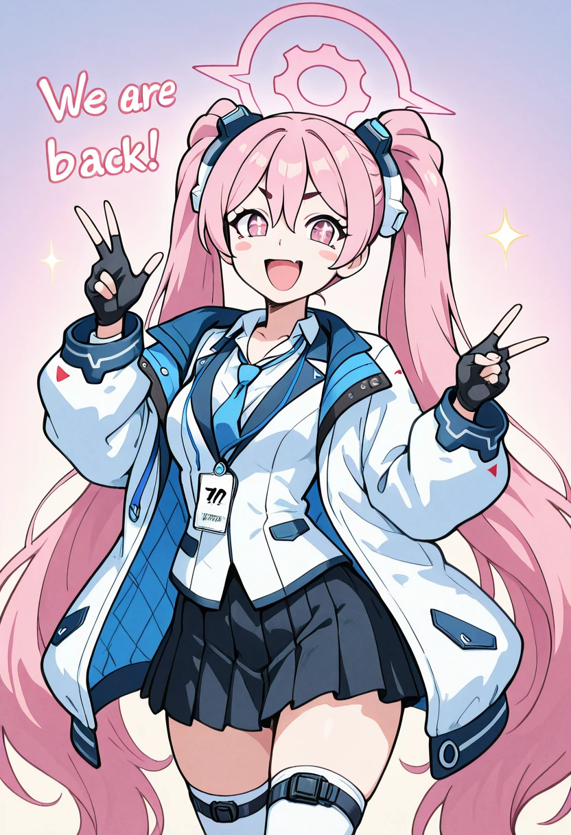 masterpiece, best quality, solo, curvy, beautiful eyes, narrow waist, wide hips, 1girl, solo, smile, looking at viewer, zzKoyuki, pink eyes, hair between eyes, long hair, pink hair, pink halo, twintails, hair ornament, aged up, large breasts, black skirt, blue necktie, collared shirt, long sleeves, pleated skirt, white jacket, white shirt, white thighhighs, black gloves, blush stickers, id card, open jacket, <lora:KurosakiKoyukiBlueArchive_IXL_v1:1.0>, , smile, looking at viewer, We4reSoB4ck, text, gradient background, ,<lora:We4reSoB4ck_IXL_v1:1.0>,