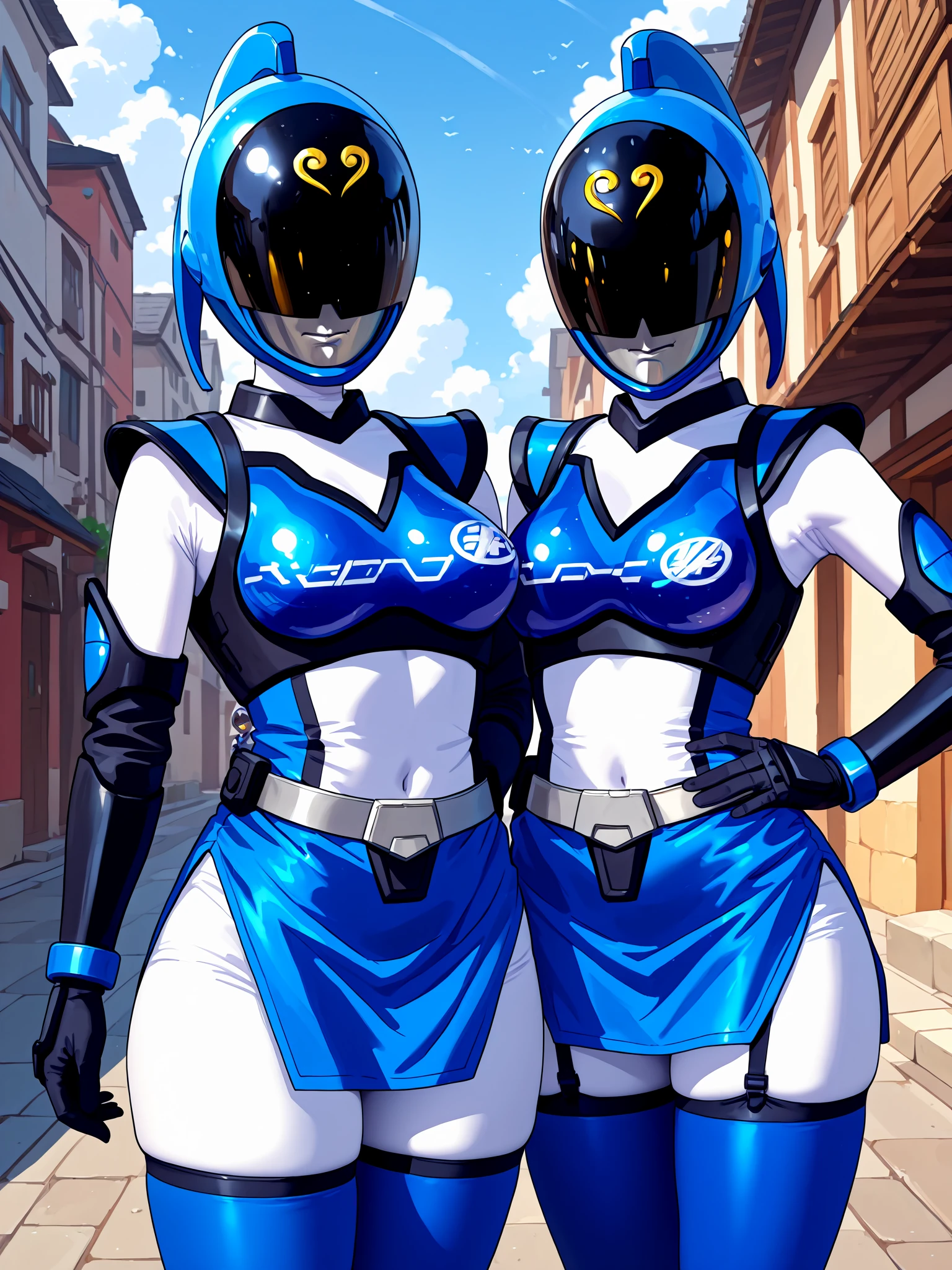 2girls, ak1bab1ue, blue helmet, silver mouth, black assault visor, white neck, white scarf, (white bodysuit:0.8), bodysuit under clothes, blue armor, boobplate, shoulder armor, elbow gloves, black gloves, black arm guards, silver belt, (microskirt:1.2), blue skirt, blue thighhighs, worn helmet, medium breasts, hands on own hips, covered navel, thick thighs, outdoors, city, street, blue sky, cloudy sky, <lora:Akiba_Blue_IL:1>
2girls, helmet with straight ponytail
2girls, helmet with curved ponytail, black garter straps, blue thighhighs