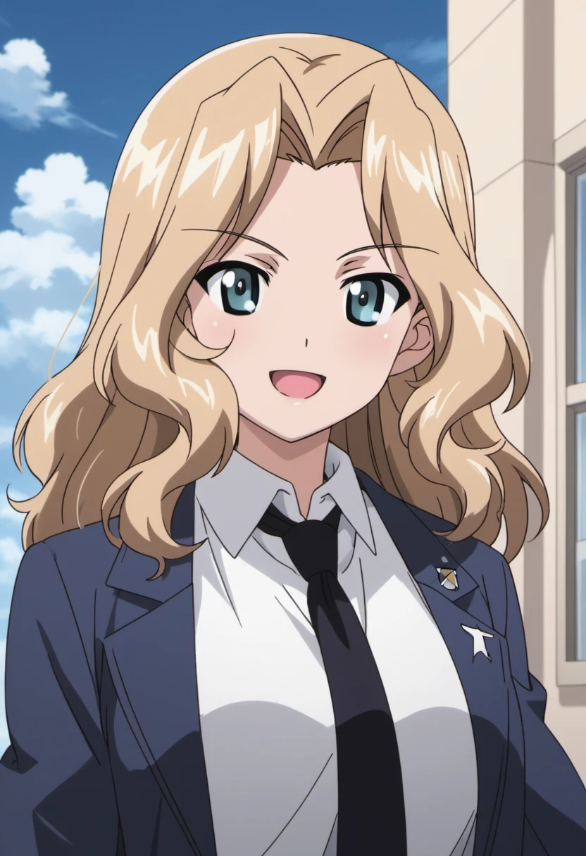 score_9, score_8_up, score_7_up, source_anime, kay (girls und panzer), blonde hair, blue eyes, long hair, 1girl, saunders school uniform, solo, school uniform, necktie, shirt, sky, day, jacket, smile, white shirt, black necktie, open mouth, hair intakes