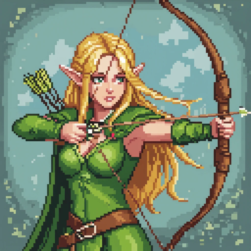 Pixel art style. Portrait of an elf maiden with blonde and green costume.  She is aiming a bow at the viewer.