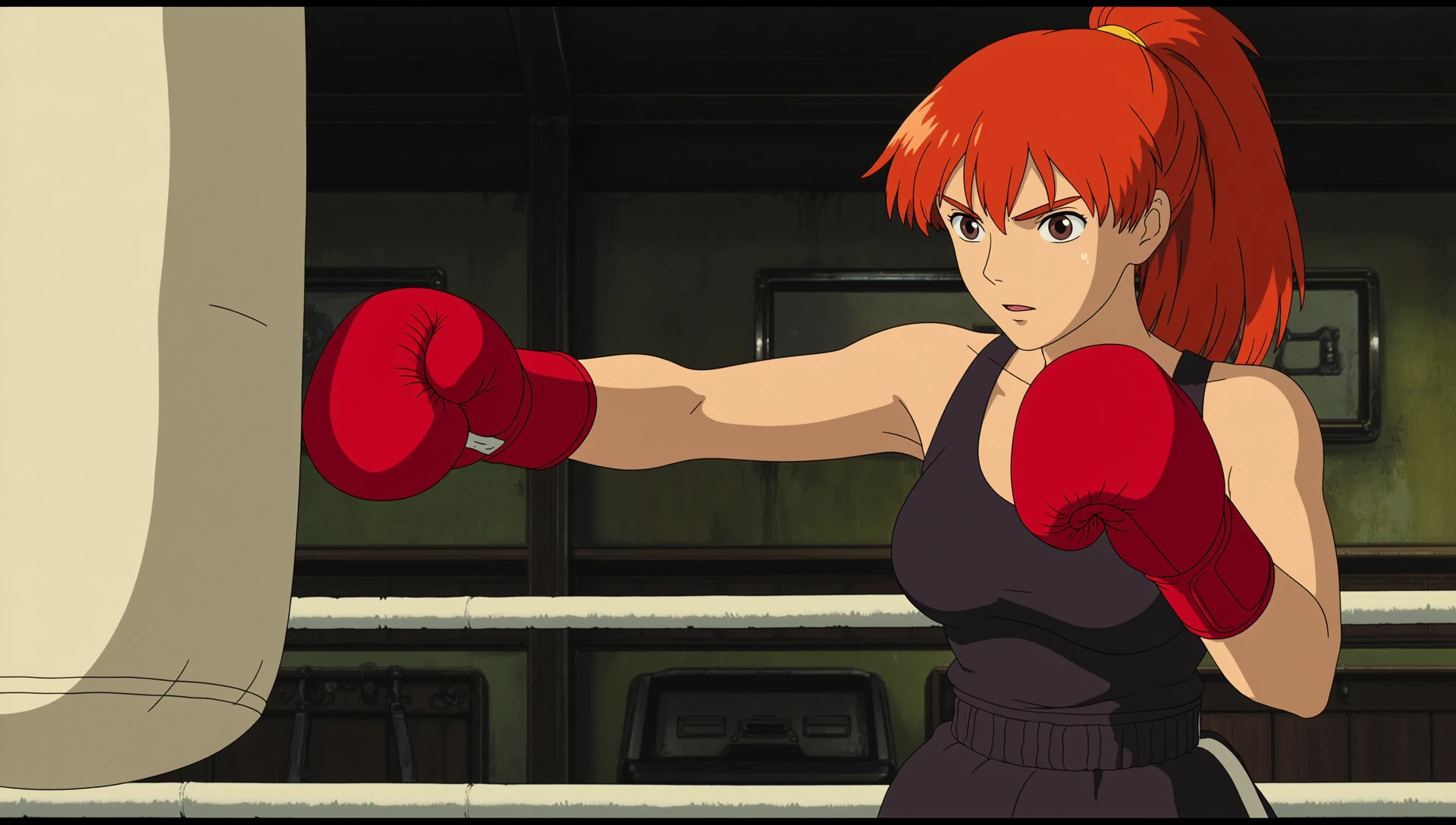 an anime screencap in ghibli style of
, , A young man stands atop a skyscraper, overlooking a city engulfed in flames. He's dressed in a striking red longcoat, the fabric flowing dramatically in the wind. Beneath it, he wears black trousers that are tucked into sturdy boots. His chest is bare, revealing a strong physique, and his blonde hair is tousled by the breeze. Perched on his nose are round, red-tinted sunglasses, adding an air of mystery to his expression. A sarcastic smile plays on his lips as he surveys the fiery chaos below, a hint of amusement in his eyes.,
masterpiece,