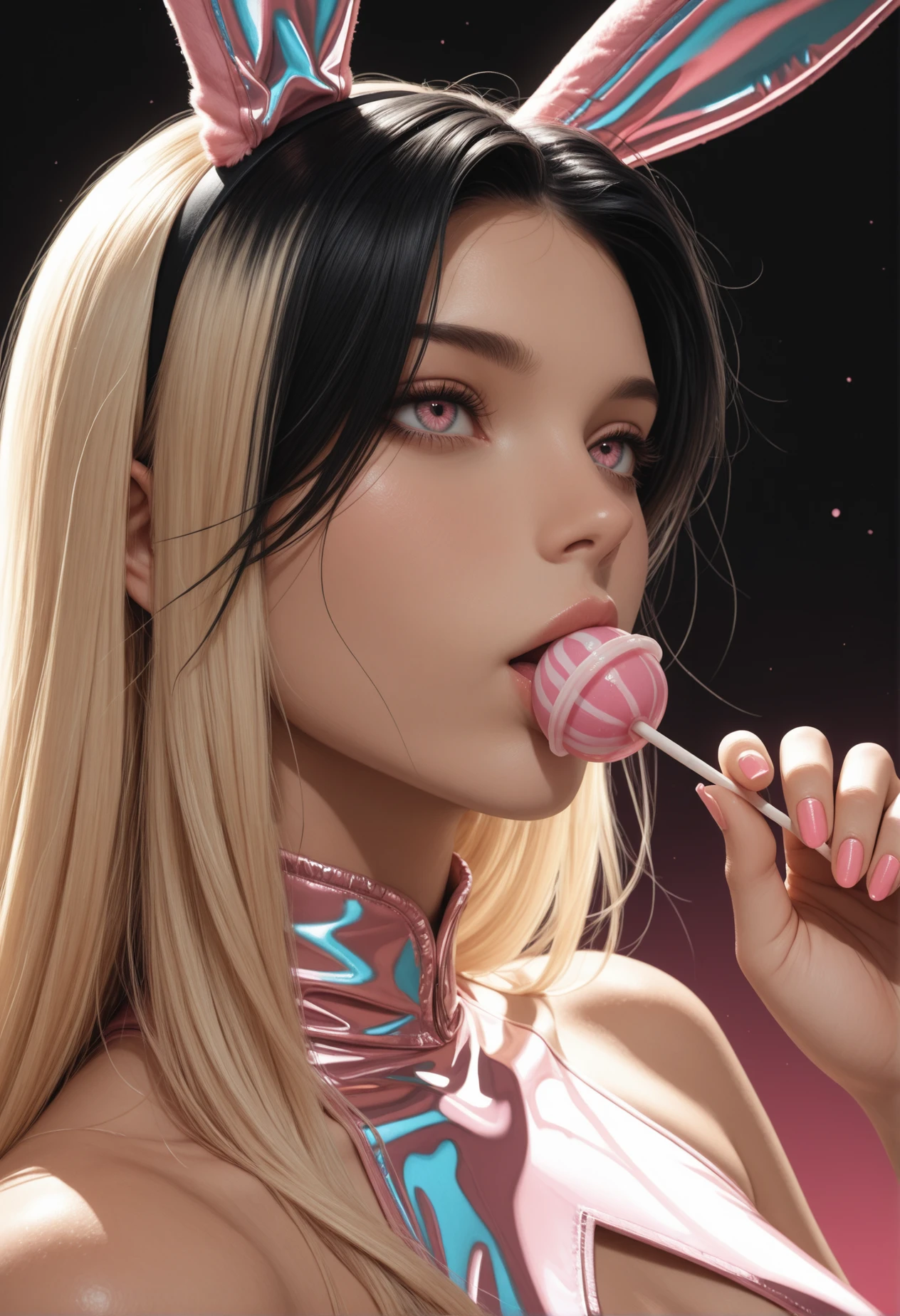 1girl, woman,
masterpiece, best quality, ultra-detailed, 8k resolution, high dynamic range, absurdres, stunningly beautiful, intricate details, sharp focus, detailed eyes, cinematic color grading, high-resolution texture, photorealistic portrait, nails,
black background, pastel pink, duolcolored background, giant square,
bunny ears, holographic foiled leotard, silvern holo, cutout,
nuzzling, eating lollipop,
black hairline, black hair, blonde hair, hair over eye, 
dynamic angle, high angle,