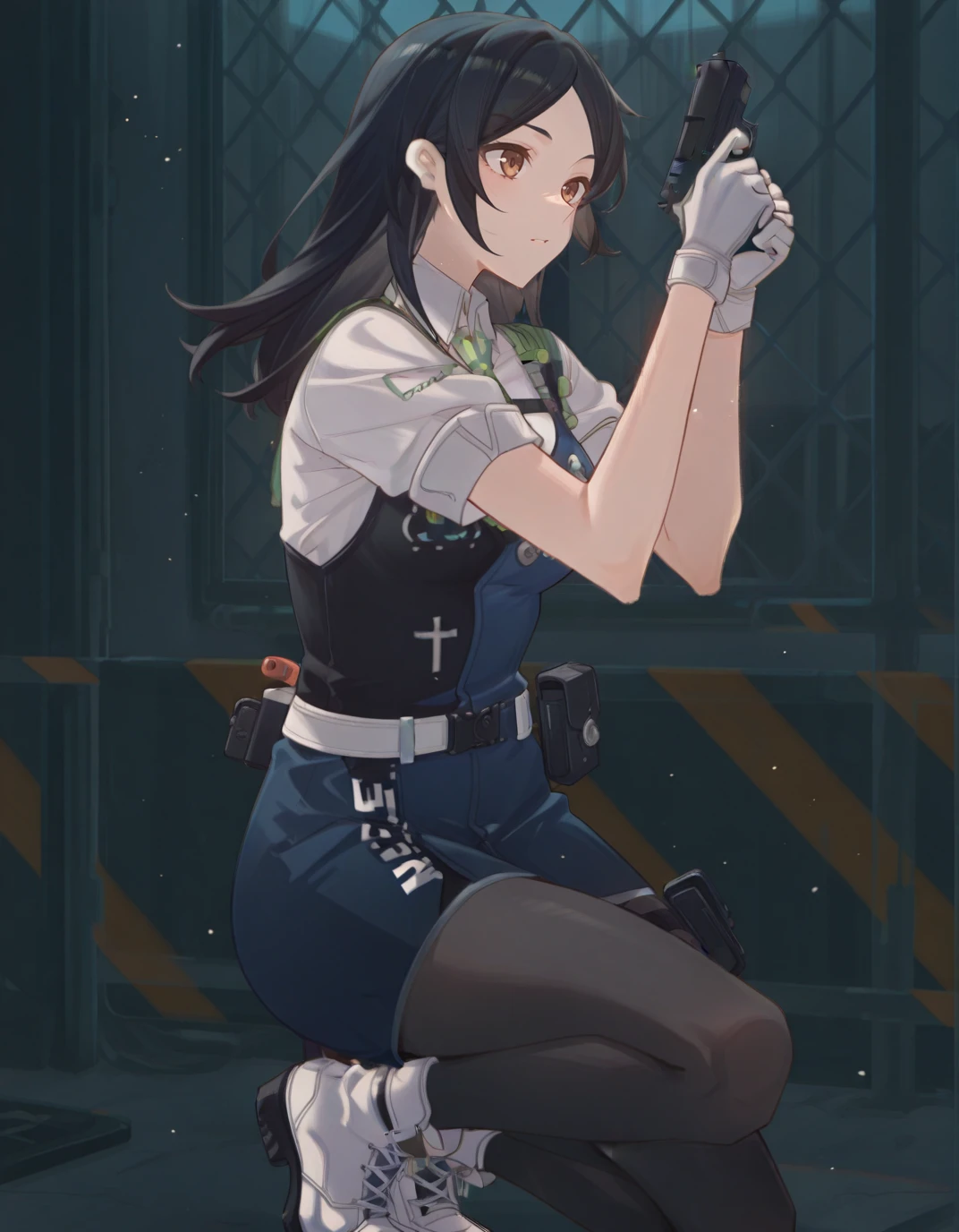 solo, <lora:AESita:0.9> AESita, brown eyes, black hair, long hair, parted bangs, blue dress, green necktie, collared shirt, short sleeves, white shirt, white gloves, holster, walkie-talkie, belt, black pantyhose, thigh strap, cross-laced footwear, white footwear, <lora:AERongyiShoushan2:1> holding gun, light particles, on one knee,, masterpiece, best quality, high quality, highres, 4k, newest, anime,