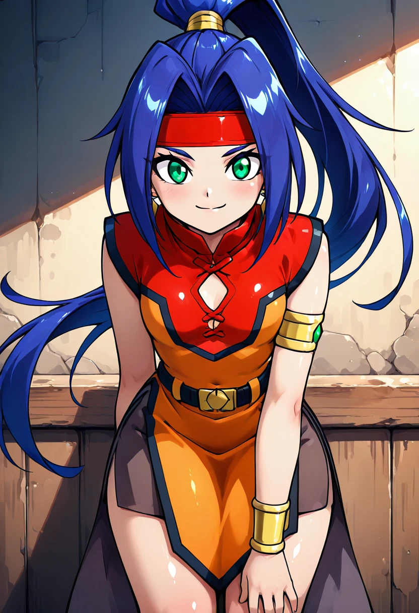 masterpiece, best quality, solo, curvy, beautiful eyes, narrow waist, wide hips, 1girl, solo, smile, looking at viewer, zzMariam, green eyes, long hair, blue hair, ponytail,   headband, belt, earrings, bracelet, dress, chinese clothes, black skirt,   ,  <lora:MariamBeybladeIXL:1.0>,, cowboy shot, leaning forward, smile, looking at viewer, shiny skin,