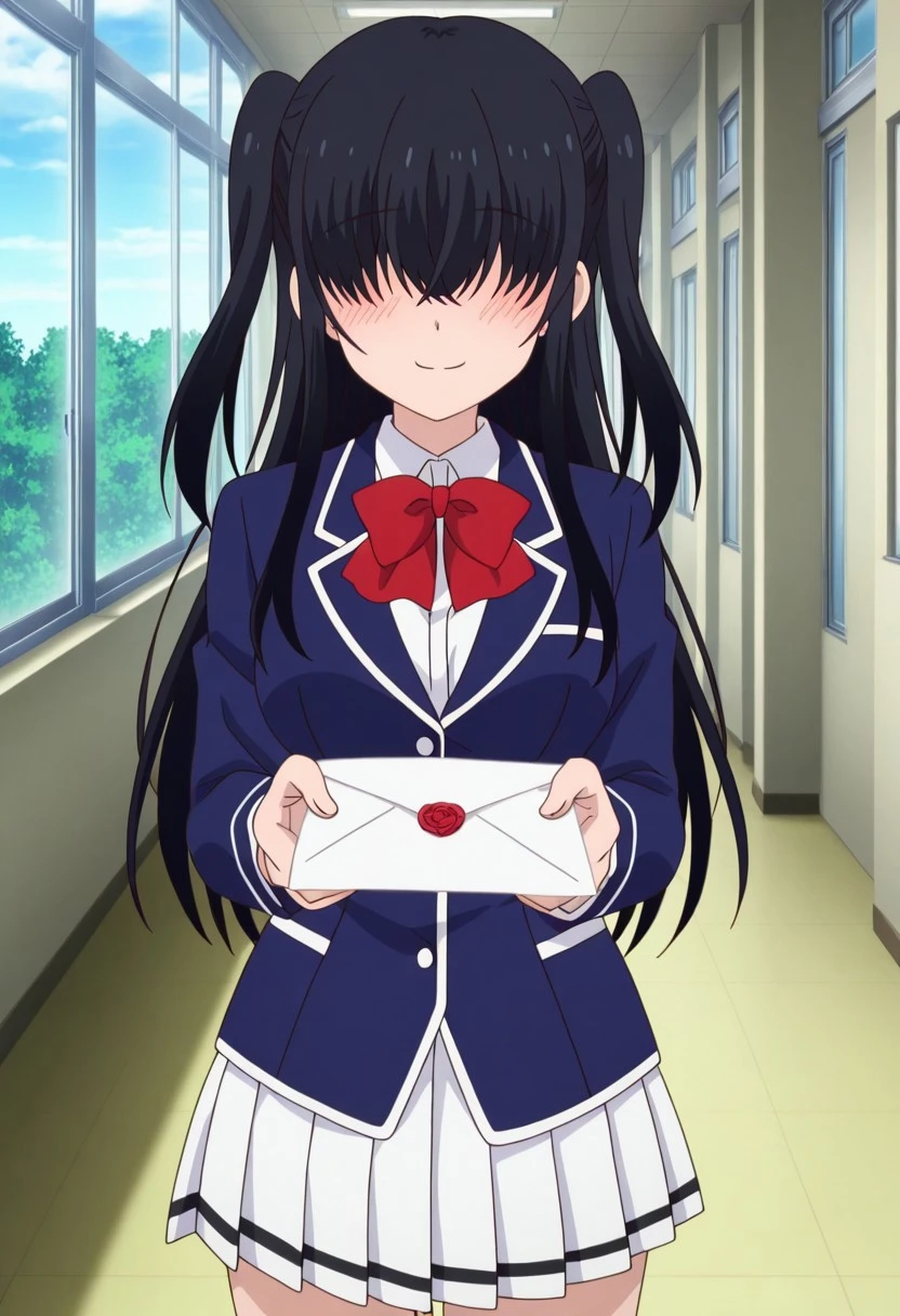finetuneanime,anime screencap, official art, detailed anime, ultra detailed anime art, anime screencap, screencap, score 9, score 8 up, score 7 up, masterpiece, anime coloring, source anime,
BREAK
SayoUniform, 1girl, solo, black hair, long hair, twintails, hair over eyes, medium breasts, fair skin, NEGATIVE_HANDS,
BREAK
school uniform, white pleated skirt, red bowtie, blue blazer, long sleeves, white shirt, blue socks, brown loafers,
BREAK
cowboy shot, standing, smiling, holding 1love proposal letter, blush, indoor, school, school hallway, day, detailed background,