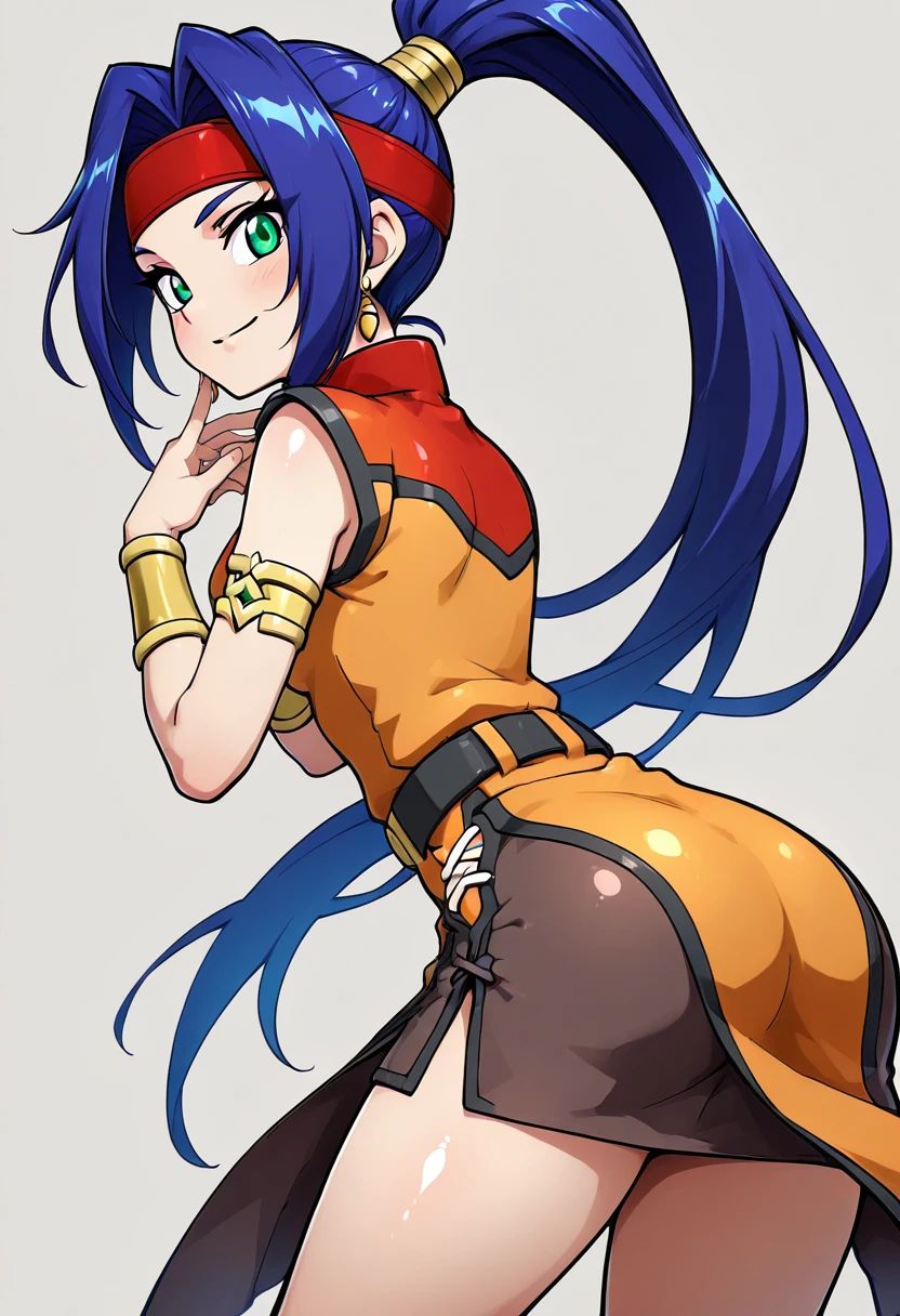 masterpiece, best quality, solo, curvy, beautiful eyes, narrow waist, wide hips, 1girl, solo, smile, looking at viewer, zzMariam, green eyes, long hair, blue hair, ponytail,   headband, belt, earrings, bracelet, dress, chinese clothes, black skirt,   ,  <lora:MariamBeybladeIXL:1.0>,side view, ass, leaning forward, cowboy shot, smile, looking at viewer, shiny skin,