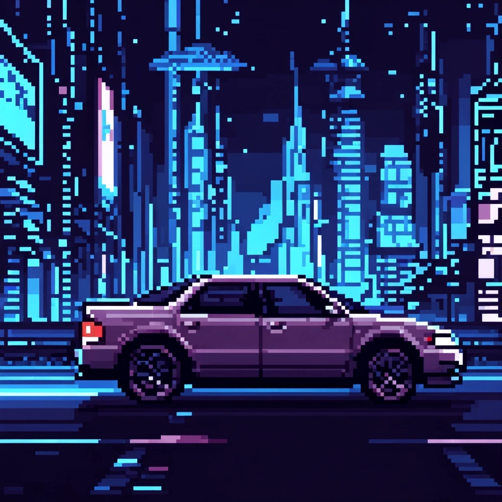 Pixel art style.  Sideview of a car driving through a futuristic city.