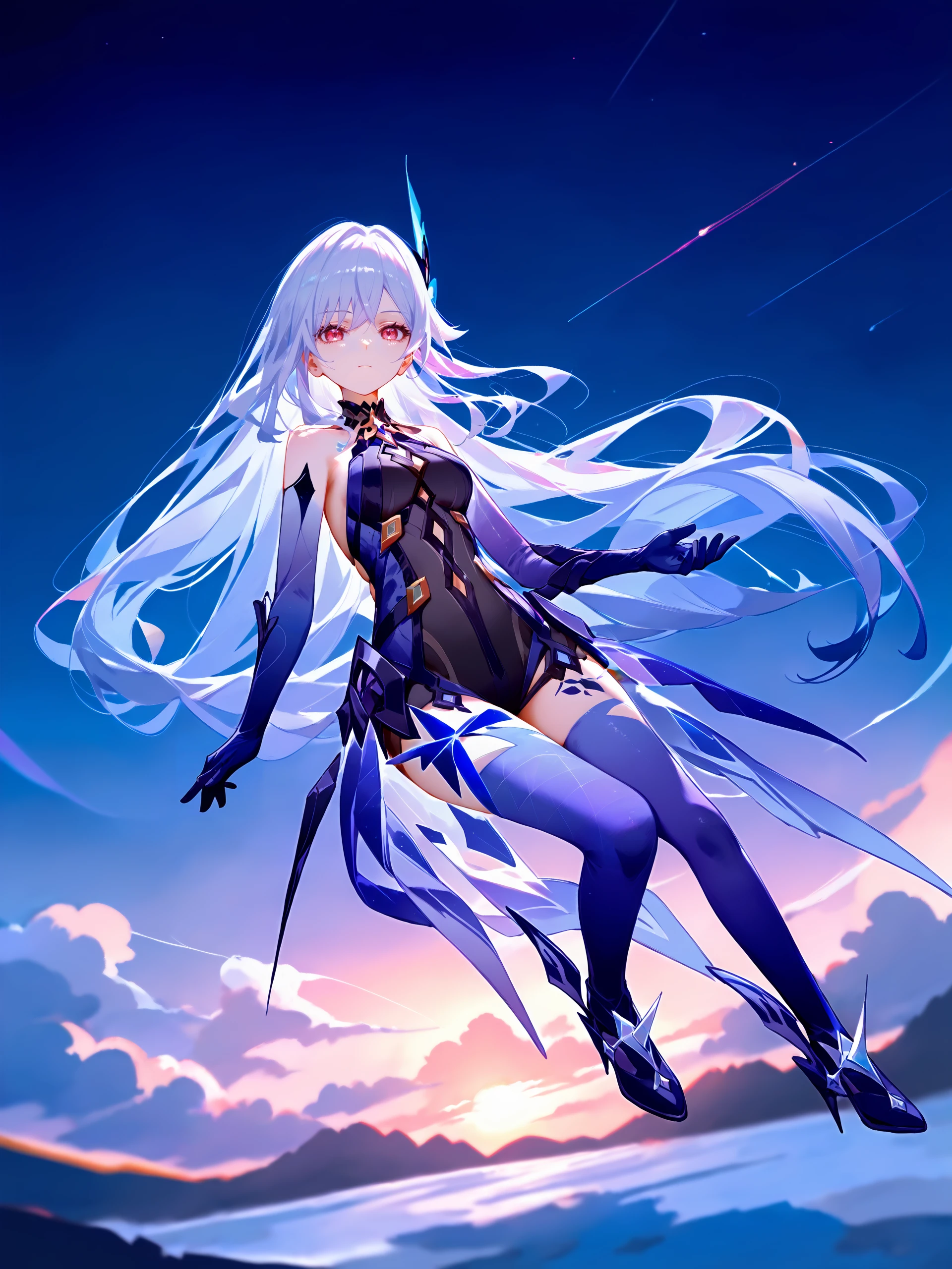 score_9, score_8_up, score_7_up, source_anime, ray tracing, best quality, <lora:Char-Genshin-Skirk-V2-Pony:0.9:hr=0.6> <lora:pony-softNai3Style:0.7>, softNai3Style, 1girl, skirk \(genshin impact\), butterfly hair ornament, prosthetic leg, prosthetic arm, faulds, winged high heels, black halter leotard, arm armor, chest tattoo, flying, midair, full body, expressionless, looking at viewer, night, floating hair, planet, whale in the sky, cloud, backlighting, depth of field