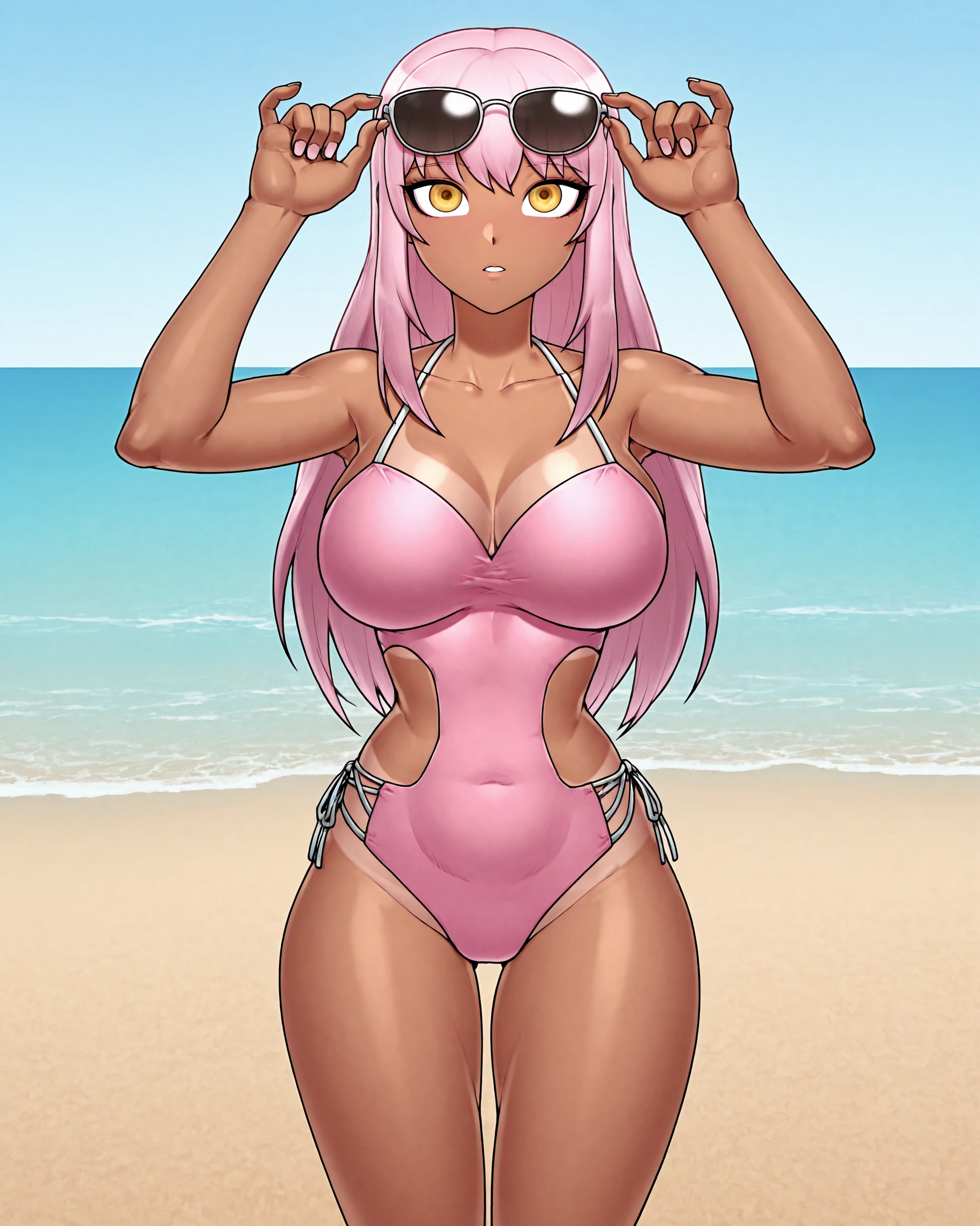 (pov Swimwear style) (beautiful body), (black skin, solo:2, 1000 yo, Braid pink hair long hair cool elf woman, cool gray eyes, ecstasy smile, love mode, small tits), (in a sexy:1.5 detailed bandeau swimsuit, Ruby double exposure:1.1), break, in the Swimsuit contest venue, background detailed beautiful Coast, BREAK, perfect anatomy, masterpiece, best quality, 16k, beautiful detailed love, sexy, daydreaming expression.