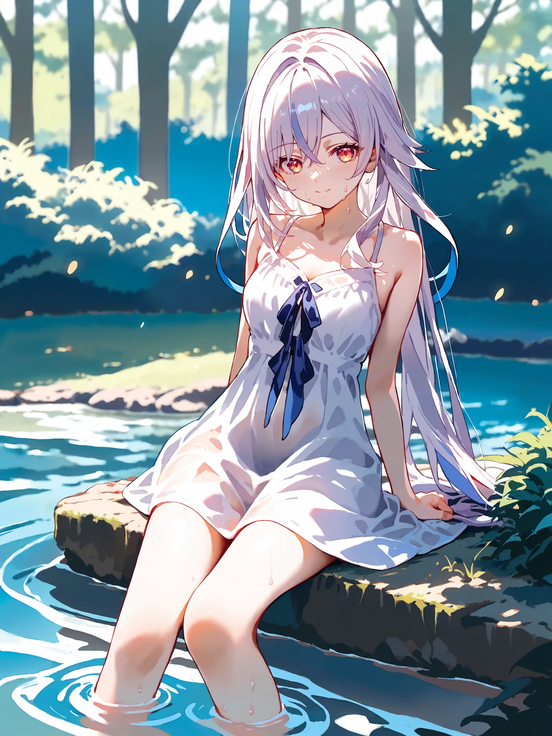 score_9, score_8_up, score_7_up, source_anime, ray tracing, best quality, <lora:Char-Genshin-Skirk-V2-Pony:0.9:hr=0.6> <lora:pony-softNai3Style:0.7>, softNai3Style, 1girl, solo, skirk \(genshin impact\), (sundress, white dress, sleeveless dress:1.2), bare legs, stream, wading, (skirt hold, curtsey: 1.2), looking at viewer, light smile, forest, depth of field