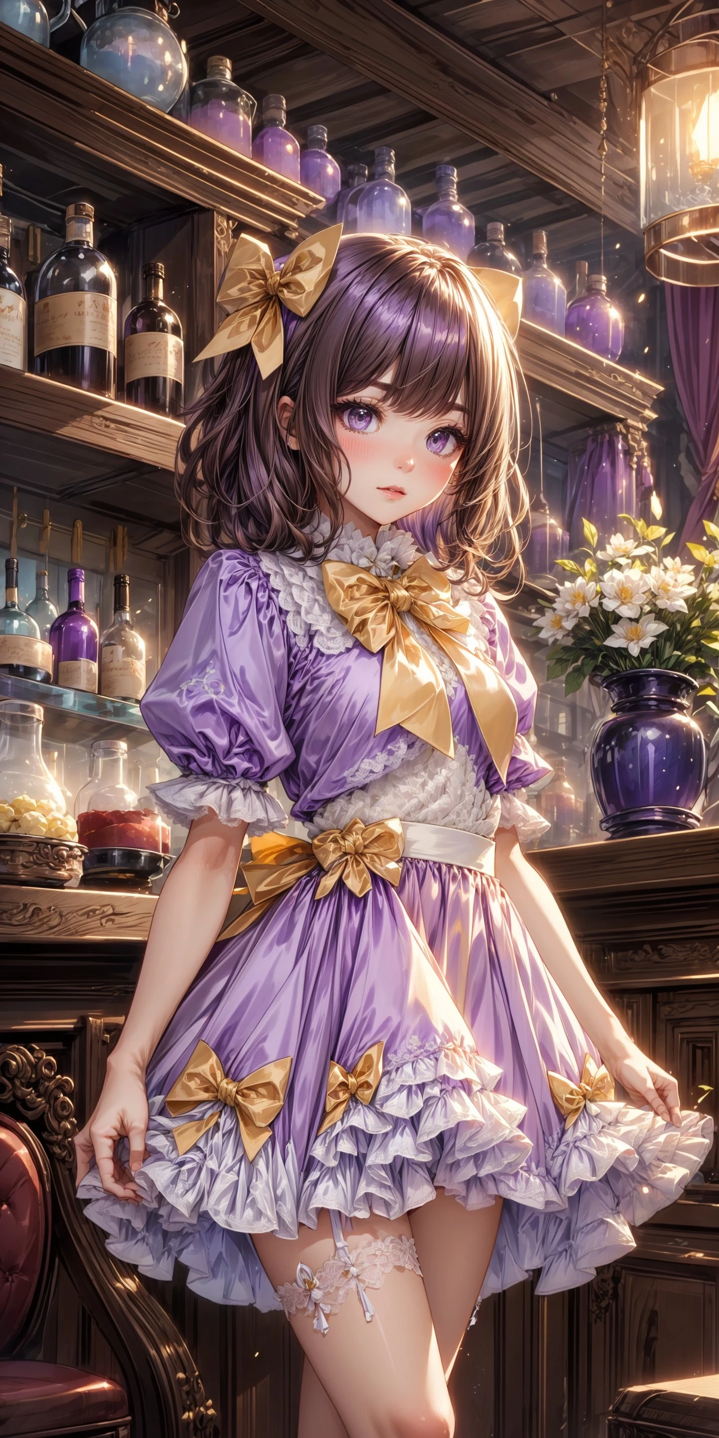 1girl, blushing, full face blushing, light purple shiny satin puffy dress, white lace peter pan collar, light purple lace-trimmed puffy short sleeves, white lace, white lace trim, (white lace trim on puffy short sleeves), light purple short attached ribboned dress skirt, white (puffy petticoat), petticoat under dress, yellow bows, yellow large shiny satin bowtie, <lora:more_details:0.7>, <lora:scene_:0.5>, <lora:FashionComplexityEnhancerLORAv1:0.4>, <lora:ada14372-730c-4a75-85b0-f88aad1e5b06:0.6>, <lora:2e7fa73a-6616-4428-8b5f-0e65efaa9198:0.4>, <lora:bar:0.4>, <lora:96073874-f082-4683-942e-601cecac5c40:0.3>, <lora:f7d08feb-f21d-42d0-9ef1-a9481867524d:0.3>, , , , ,