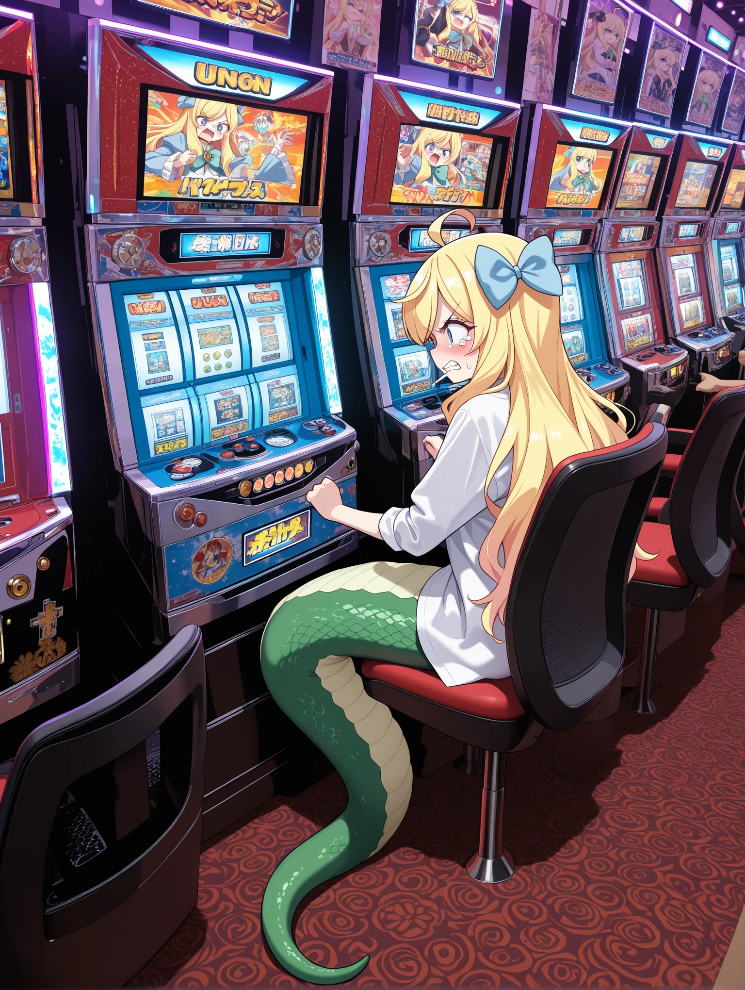 indoors, pachislo_parlor, poster (object), carpet, one-leg column base with round foot chairs, neon lights, reflection, pachislot machines in a Japanese arcade, arcade slot cabinet,Japanese arcade slot machine, vibrant LED, dynamic reflections, three spinning reels, monitor, 
sitting, playing machinery, looking at machinery, 
 <lora:pachislo_parlor_Illustrious_2.0-XL_v1:1>
Jashin-chan, lamia,tears, blush, cigarette, v-shaped eyebrows, , angry, clenched teeth, solo focus,, 8k, masterpiece, newest, absurdres, best quality, amazing quality, very aesthetic, ultra-detailed, highly detailed
1girl, solo,