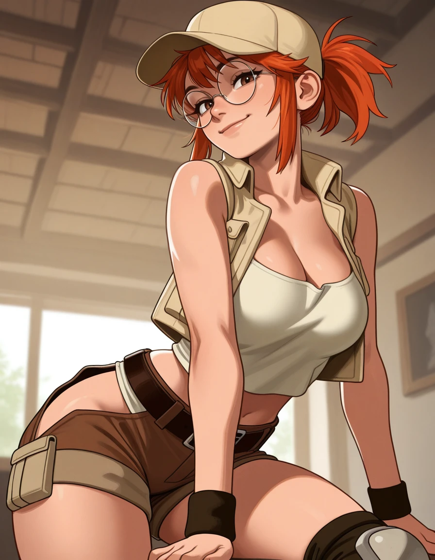 girl, red hair, short hair, medium hair, yellow eyes, athletic body, cleavage, white shirt, smilling, sure, fighter, gloves, brown skintone, thick brows, light armor, ahoge, brown color shorts, leather armor, messy hair, tanned skin, jaguar tail, jaguar ears,