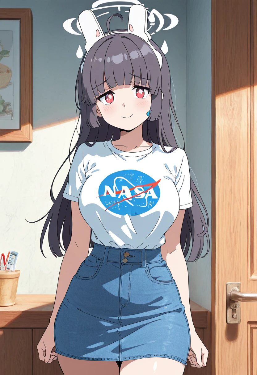 masterpiece, best quality, solo, curvy, beautiful eyes, narrow waist, wide hips, 1girl, solo, smile, looking at viewer,    zzMiyu, red eyes, ahoge, black hair, long hair, blunt bangs, bright pupils, rabbit ears, fake animal ears, aged up, large breasts,    <lora:KasumizawaMiyuBlueArchive_IXL_v1:1.0>, , smile, looking at viewer, N4S4, white shirt, denim skirt, ,<lora:NASAShirtAnime_IXL_v1:1.0>,