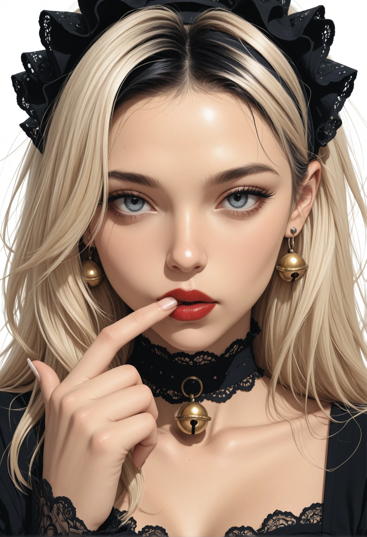 masterpiece, best quality, ultra-detailed, 8k resolution, high dynamic range, absurdres, stunningly beautiful, intricate details, sharp focus, detailed eyes, cinematic color grading, high-resolution texture, portrait, nails,
1girl, woman,
hairband, messy hair, platinblonde hair, black hairline, black hair, asymmetrical bangs, hair over eye, red lips- sucking finger,
very awa, white background, abstract background pattern, distortion effect, black, thigh highs, ruffled choker, lace, long sleeves, bell-earrings