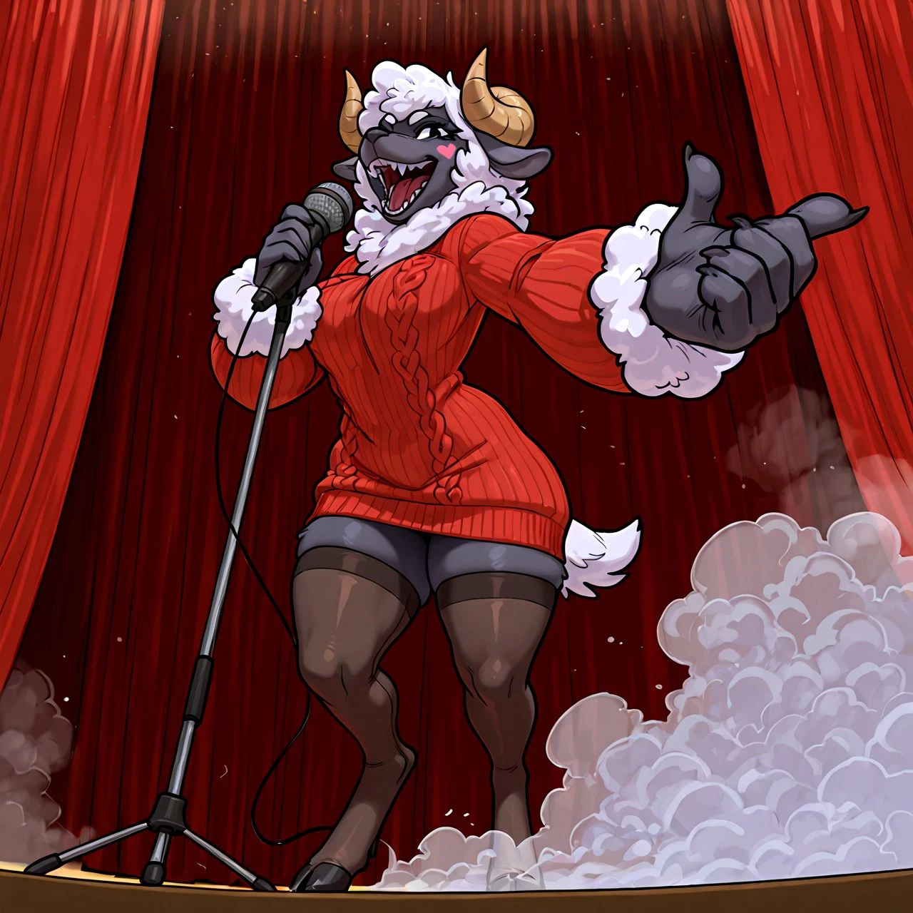 ewe-lala_morbi, colour, mammal, bovid, canid, sheep, wolf, hybrid, black body, monotone_body black eyes, pointy ears , snout, ( wool \(fur\):1.2 ), ( wool hair:1.2 ), horn, fur, sweater, hybrid, stockings, thigh_highs, hair_accessory,sharp teeth, large female, ram horn, , wrist tuft, big_hands, claws, digitigrade, cheek marking, heart (marking), , grey body, grey ears, white tail,,
BREAK
clothed, (short stack:0.5), <lora:poppy_opposum:1> poppy-opossum
BREAK
pin up , dynamic, dynamic pose, (solo ,solo focus:1.4), detailed background,
BREAK
holding object, microphone, singing, stage, curtains, holding microphone, microphone stand, holding microphone stand, sound foreshortening, smoke, highres, hi res, colored, high quality,