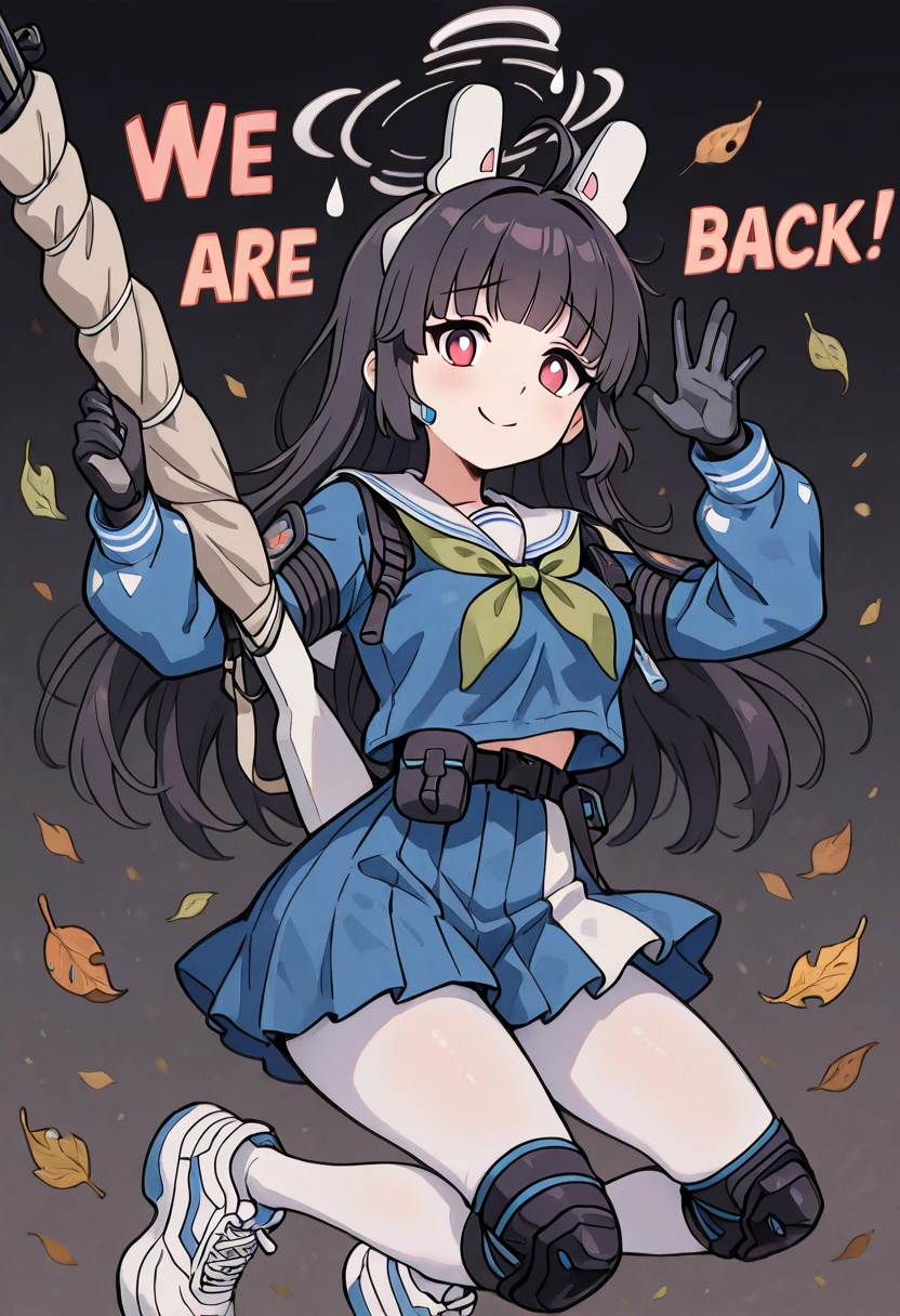 masterpiece, best quality, solo, curvy, beautiful eyes, narrow waist, wide hips, 1girl, solo, smile, looking at viewer, zzMiyu, red eyes, ahoge, black hair, long hair, blunt bangs, bright pupils, rabbit ears, fake animal ears, aged up, large breasts, blue serafuku, blue skirt, long sleeves, solo, white pantyhose, black gloves, blue shirt, green neckerchief, leaf, white footwear, white sailor collar, pleated skirt, sneakers, bolt action, knee pads, single knee pad, <lora:KasumizawaMiyuBlueArchive_IXL_v1:1.0>, , smile, looking at viewer, We4reSoB4ck, text, gradient background, ,<lora:We4reSoB4ck_IXL_v1:1.0>,