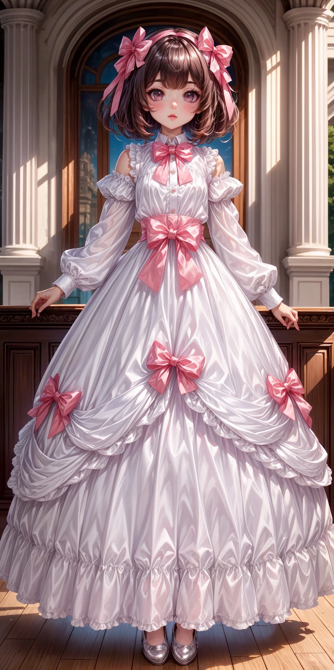 ((fullbody)) (front facing, facing viewer) 1girl, white long shiny satin dress, white high attached collar, white long sleeves, pink waist ribbon, white long attached (ribboned tiered shiny satin dress_skirt), bows, pink bows, pink bowtie, white lace, white lace trim, <lora:more_details:0.7>, <lora:scene_:0.5>, <lora:FashionComplexityEnhancerLORAv1:0.4>, <lora:d0c416d0-5269-48fd-a9e2-27157b4ae115:0.6>, <lora:96073874-f082-4683-942e-601cecac5c40:0.3>, <lora:f7d08feb-f21d-42d0-9ef1-a9481867524d:0.3>, <lora:5844635f-c9c3-4f9e-85c4-d0d40f201159:0.3>, <lora:dde4416e-9f24-48d4-a965-d989baea5d73:0.2>, , ,