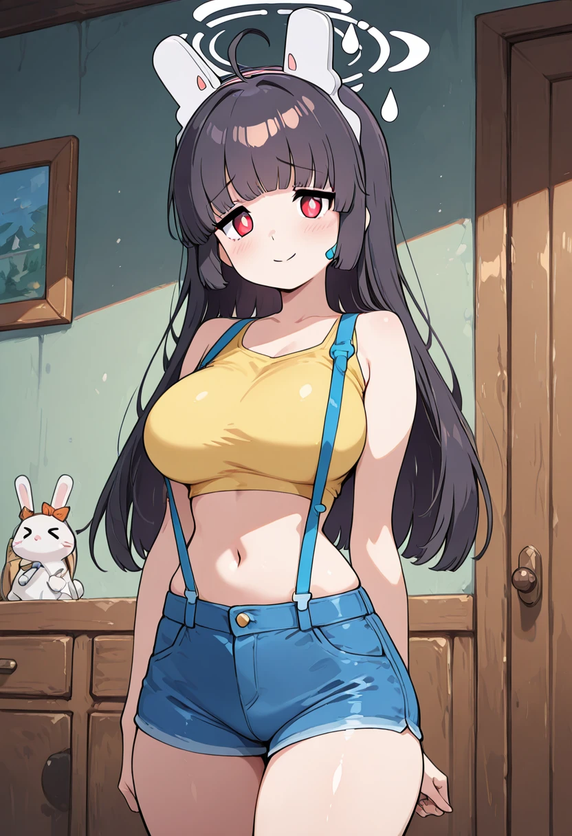 masterpiece, best quality, solo, curvy, beautiful eyes, narrow waist, wide hips, 1girl, solo, smile, looking at viewer,    zzMiyu, red eyes, ahoge, black hair, long hair, blunt bangs, bright pupils, rabbit ears, fake animal ears, aged up, large breasts,    <lora:KasumizawaMiyuBlueArchive_IXL_v1:1.0>, , smile, looking at viewer, cowboy shot, m1styc0s, shorts, suspenders, crop top, navel, midriff, denim, short shorts, denim shorts, skindentation, narrow waist, cosplay, shirt, suspender shorts, yellow shirt, stomach, yellow tank top, <lora:MistyPokemonCosplay_IXL:0.8>,,