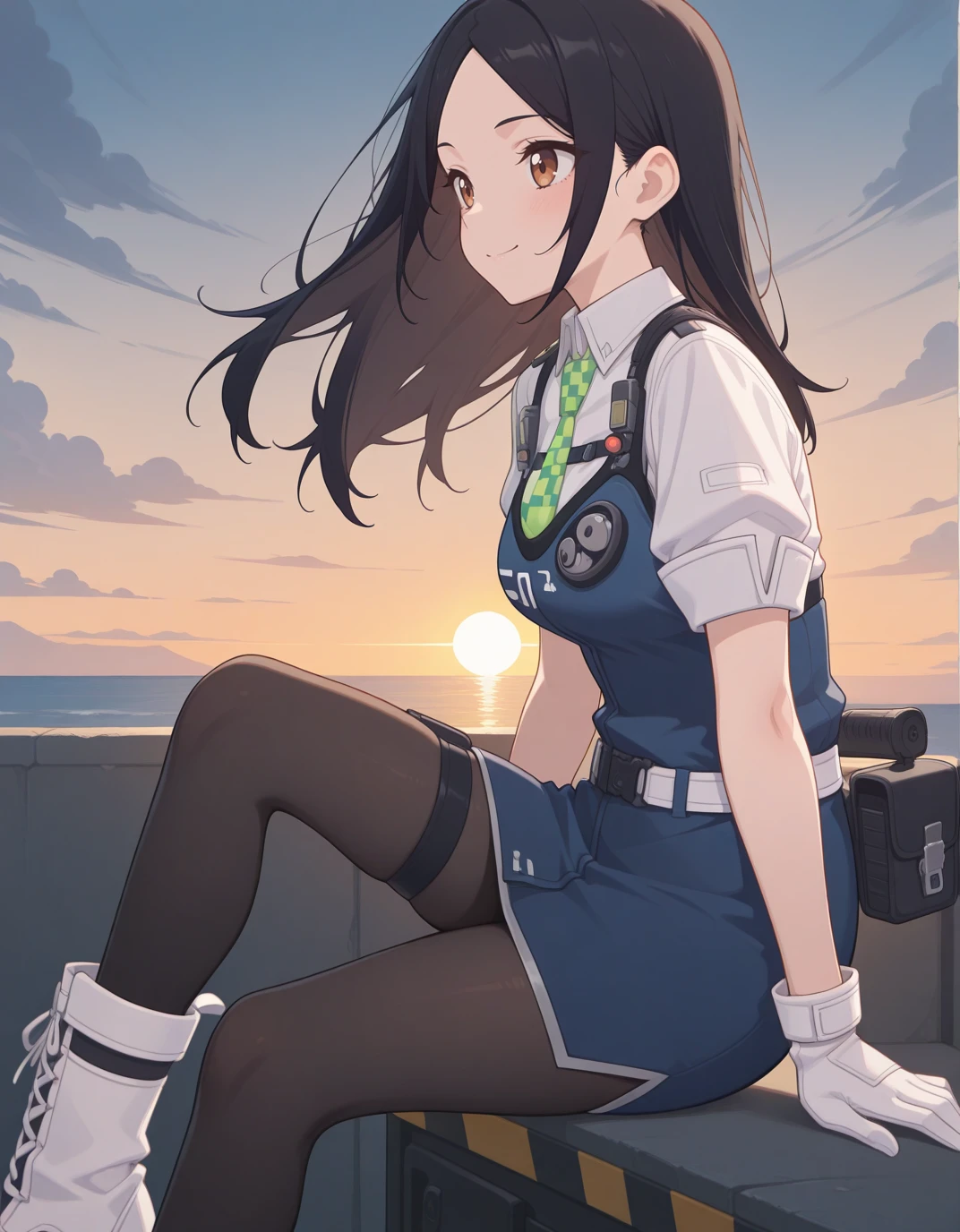 solo, <lora:AESita:1> AESita, brown eyes, black hair, long hair, parted bangs, blue dress, green necktie, collared shirt, short sleeves, white shirt, white gloves, holster, walkie-talkie, belt, black pantyhose, thigh strap, cross-laced footwear, white footwear, portrait, sunset, from side, looking away, smile, horizon,, masterpiece, best quality, high quality, highres, 4k, newest, anime,