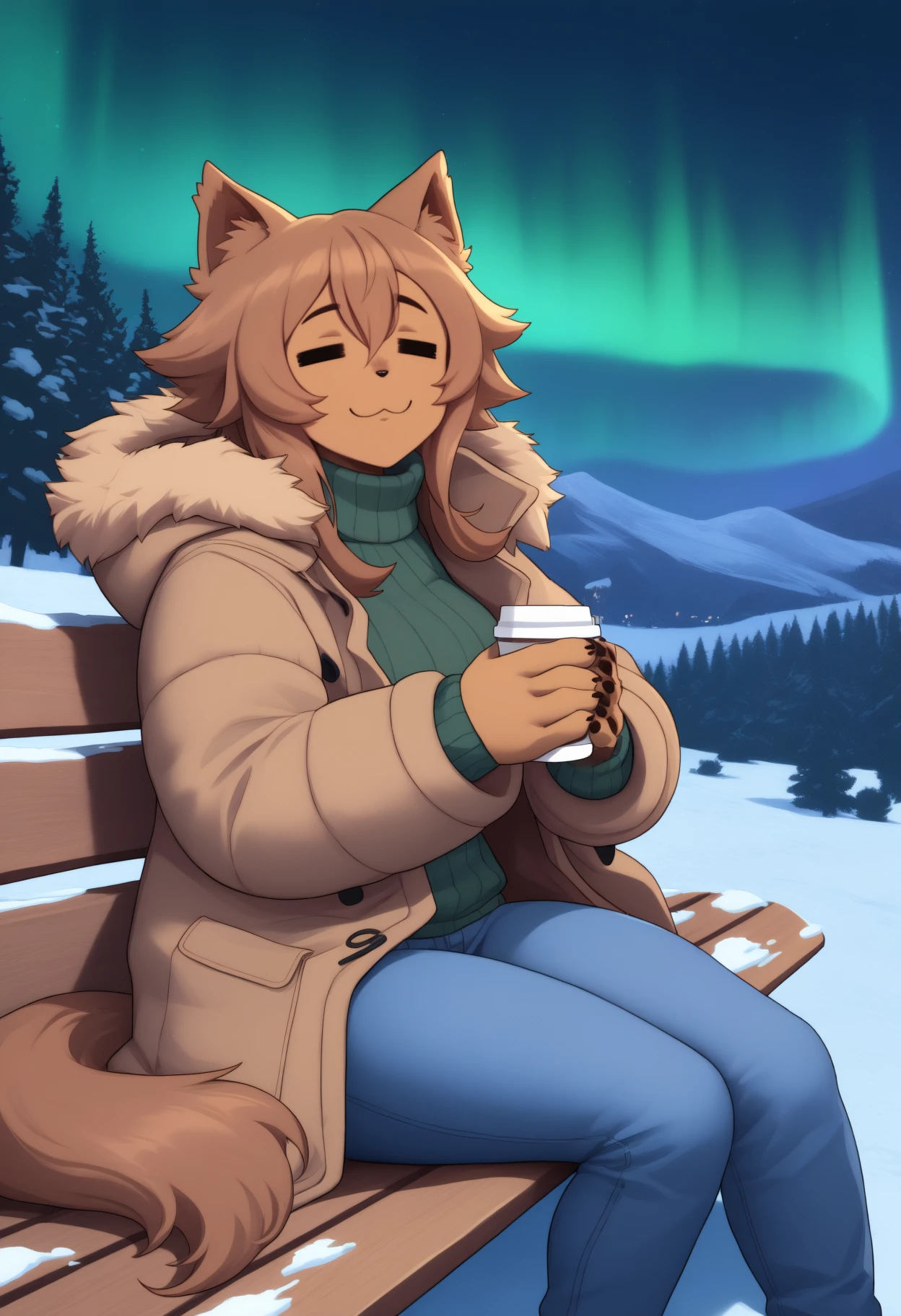 newest, feet out of frame, solo, 1girl, furry female, dog girl, animal nose, brown fur, dog tail, sitting, park bench, holding disposable coffee cup, brown hair, animal ears, = =, :3, winter clothes, brown coat, hooded coat, fur-trimmed hood, hood down, open coat, long sleeves, green sweater, ribbed sweater, turtleneck sweater, blue pants, jeans, outdoors, night, snow, aurora, tree, mountainous horizon
<segment:yolo-Anzhc Face seg 640 v3 y11n.pt,0.5,0.5//cid=11>