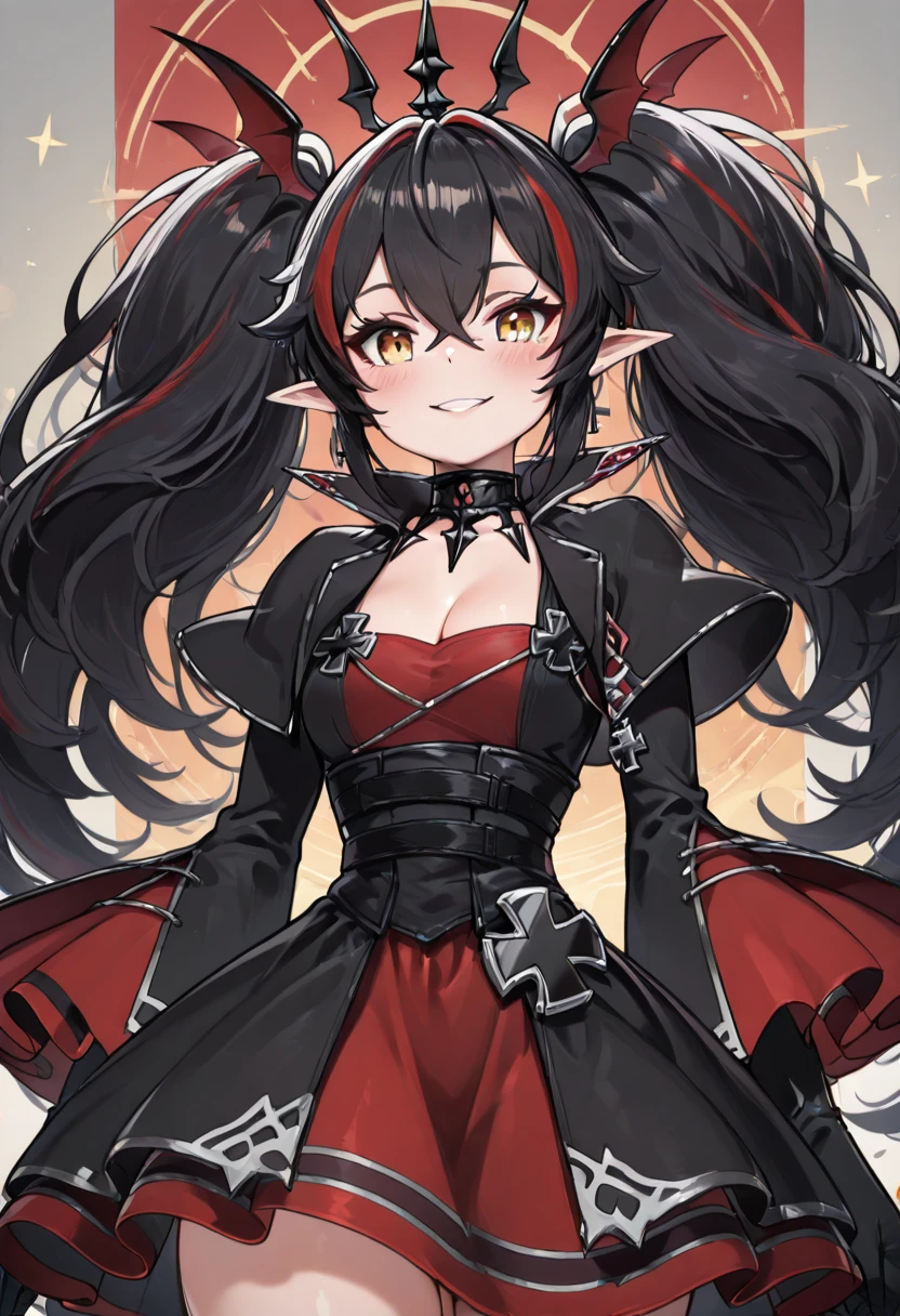 masterpiece, best quality, solo, curvy, beautiful eyes, narrow waist, wide , 1girl, solo, smile, looking at viewer, foreshortening, close up, zZ24, hair between eyes, yellow eyes, black hair, hair ornament, long hair, multicolored hair, pointy ears, red hair, streaked hair, twintails, two-tone hair, wing hair ornament, cross, cleavage, black choker, iron cross, choker, dress, wings, black dress, <lora:Z24Azurlane_IXL:1.0>, , smile, looking at viewer, cowboy shot, dynamic pose, abstract background, <lora:VividIXL_v2:0.7>,