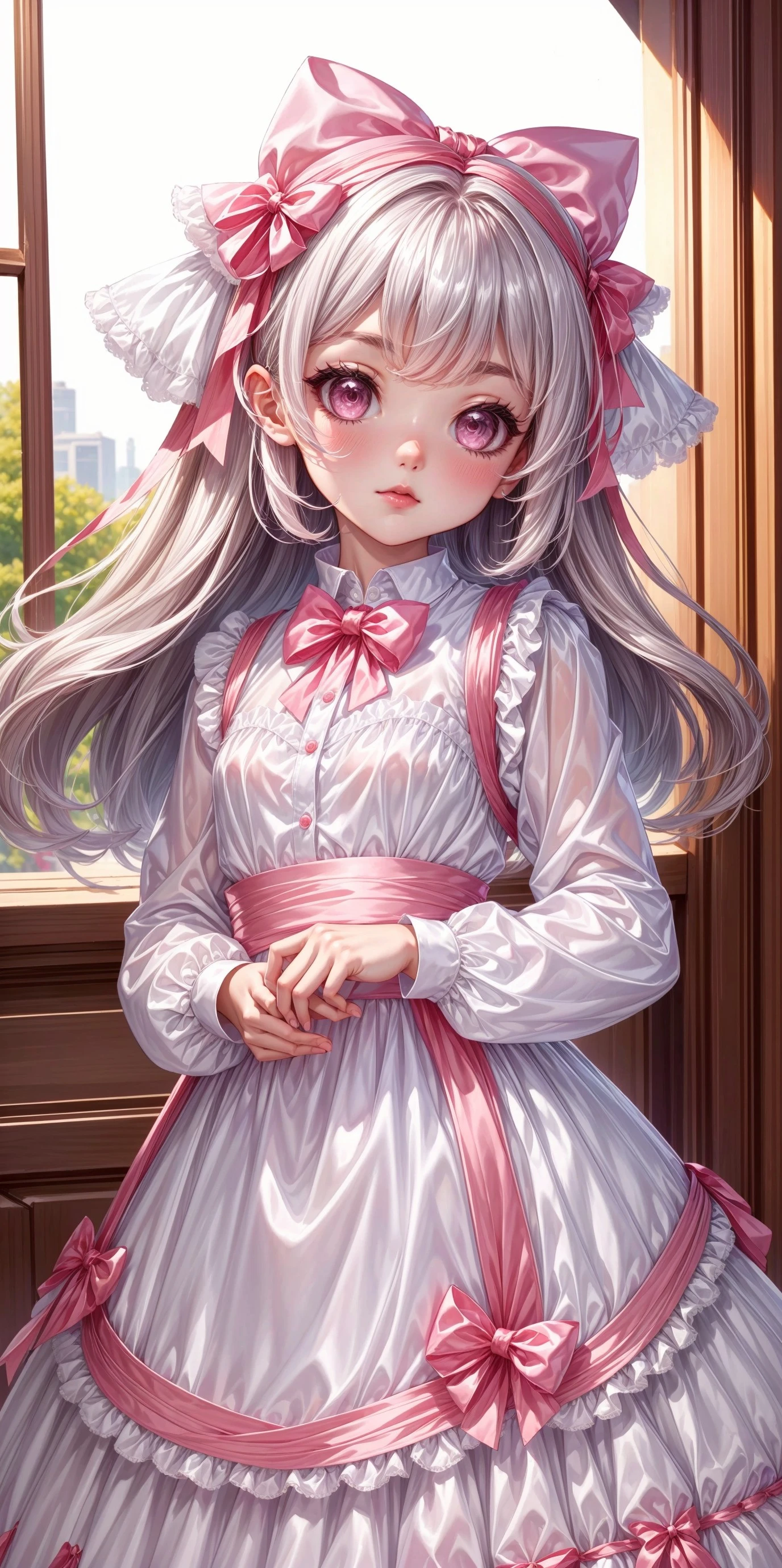 (front facing, facing viewer) 1girl, white long shiny satin dress, white high attached collar, white long sleeves, pink waist ribbon, white long attached (ribboned tiered shiny satin dress_skirt), bows, pink bows, pink bowtie, white lace, white lace trim, <lora:more_details:0.7>, <lora:scene_:0.5>, <lora:FashionComplexityEnhancerLORAv1:0.4>, <lora:d0c416d0-5269-48fd-a9e2-27157b4ae115:0.6>, <lora:96073874-f082-4683-942e-601cecac5c40:0.3>, <lora:f7d08feb-f21d-42d0-9ef1-a9481867524d:0.3>, <lora:5844635f-c9c3-4f9e-85c4-d0d40f201159:0.3>, <lora:dde4416e-9f24-48d4-a965-d989baea5d73:0.2>, , ,