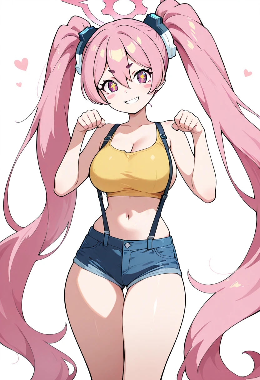 masterpiece, best quality, solo, curvy, beautiful eyes, narrow waist, wide hips, 1girl, solo, smile, looking at viewer, dynamic pose, paw pose, zzKoyuki, pink eyes, hair between eyes, long hair, pink hair, pink halo, twintails, hair ornament, aged up, large breasts, <lora:KurosakiKoyukiBlueArchive_IXL_v1:1.0>, , smile, looking at viewer, cowboy shot, m1styc0s, shorts, suspenders, crop top, navel, midriff, denim, short shorts, denim shorts, skindentation, narrow waist, cosplay, shirt, suspender shorts, yellow shirt, stomach, yellow tank top, <lora:MistyPokemonCosplay_IXL:0.8>,,