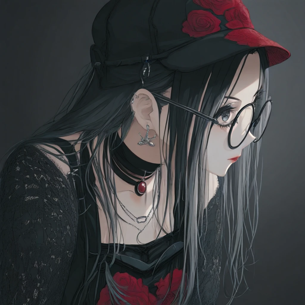Rosalinmb2, long hair, black hair, glasses, jewelry, choker, hat, 1girl, solo,