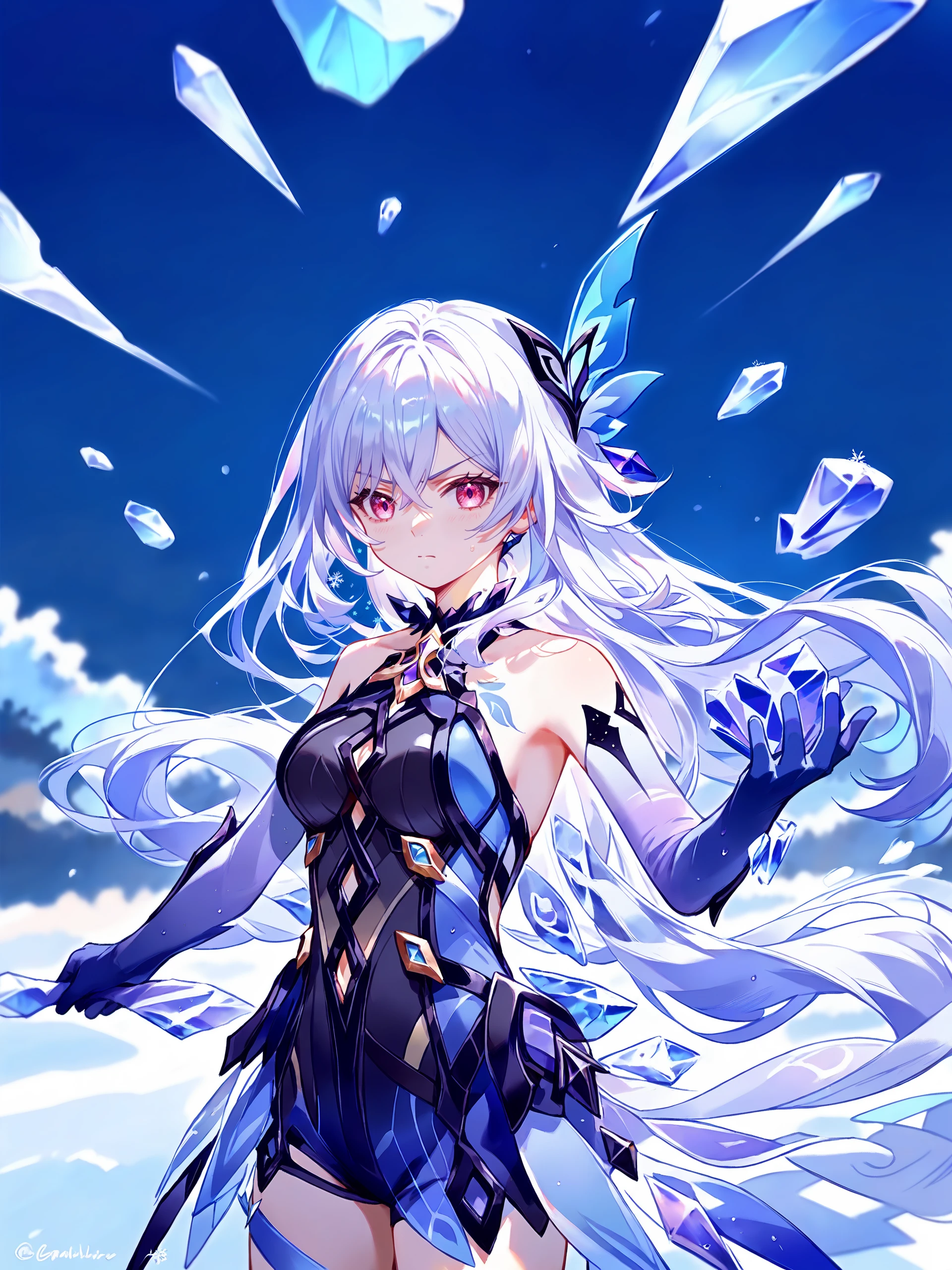 score_9, score_8_up, score_7_up, source_anime, ray tracing, best quality, <lora:Char-Genshin-Skirk-V2-Pony:0.9:hr=0.6> <lora:pony-softNai3Style:0.7>, softNai3Style, 1girl, skirk \(genshin impact\), butterfly hair ornament, prosthetic leg, prosthetic arm, arm armor, black halter leotard, chest tattoo, faulds, cowboy shot, snowflakes, crystal, scenery, ice, crystal, looking at viewer, floating hair, glaring, midair, fighting stance