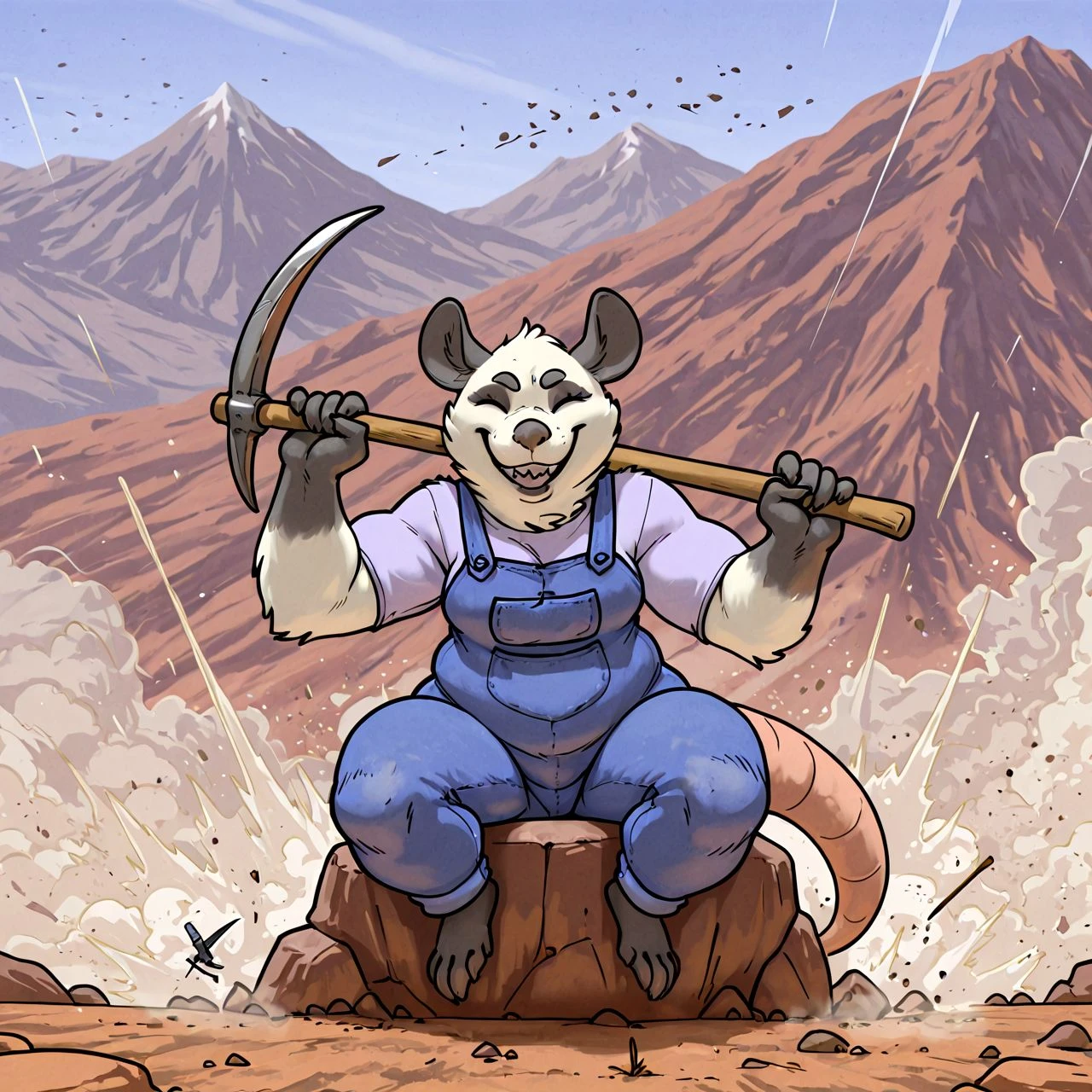 poppy_morbi, mammal, american_opossum, ( brown eyes: 1.2 ), ( musclegut:0.5 ), marsupial, virginia_opossum, white body, female, , clothed, (short stack:0.5), <lora:poppy_opposum:1> poppy-opossum
BREAK
pin up , dynamic, solo focus, detailed background, holding object, shattered rock , pickaxe, holding pickaxe, smiling at viewer, eyes closed, overalls, dust, dynamic pose, sitting on rock, mountain, highres, hi res, colored, high quality,