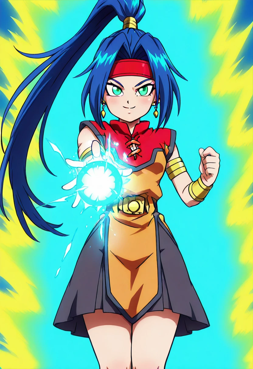 masterpiece, best quality, solo, curvy, beautiful eyes, narrow waist, wide hips, 1girl, solo, smile, looking at viewer, foreshortening, close up, zzMariam, green eyes, long hair, blue hair, ponytail, headband, belt, earrings, bracelet, dress, chinese clothes, black skirt, , <lora:MariamBeybladeIXL:1.0>, ,vivid aura, looking at viewer, blue background, smug, aura, super saiyan, charging energy, energy ball, energy, lightning, <lora:DBSBroly_Style_IXL_v2:0.6>,