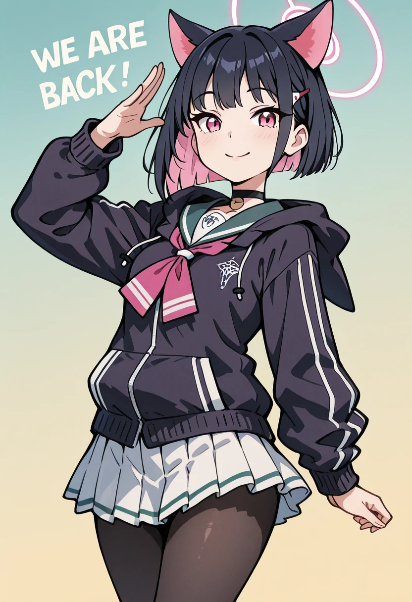 masterpiece, best quality, solo, curvy, beautiful eyes, narrow waist, wide hips, 1girl, solo, smile, looking at viewer, zzKazusa, pink eyes, black hair, colored inner hair, hair ornament, hairclip, multicolored hair, pink hair, pink halo, short hair, two-tone hair, cat ears, black choker, black jacket, hooded jacket, school uniform, pleated skirt, white skirt, pink neckerchief, black pantyhose, green sailor collar, <lora:KyouyamaKazusaBlueArchive_IXL_v1:1.0>, , smile, looking at viewer, We4reSoB4ck, text, gradient background, ,<lora:We4reSoB4ck_IXL_v1:1.0>,
