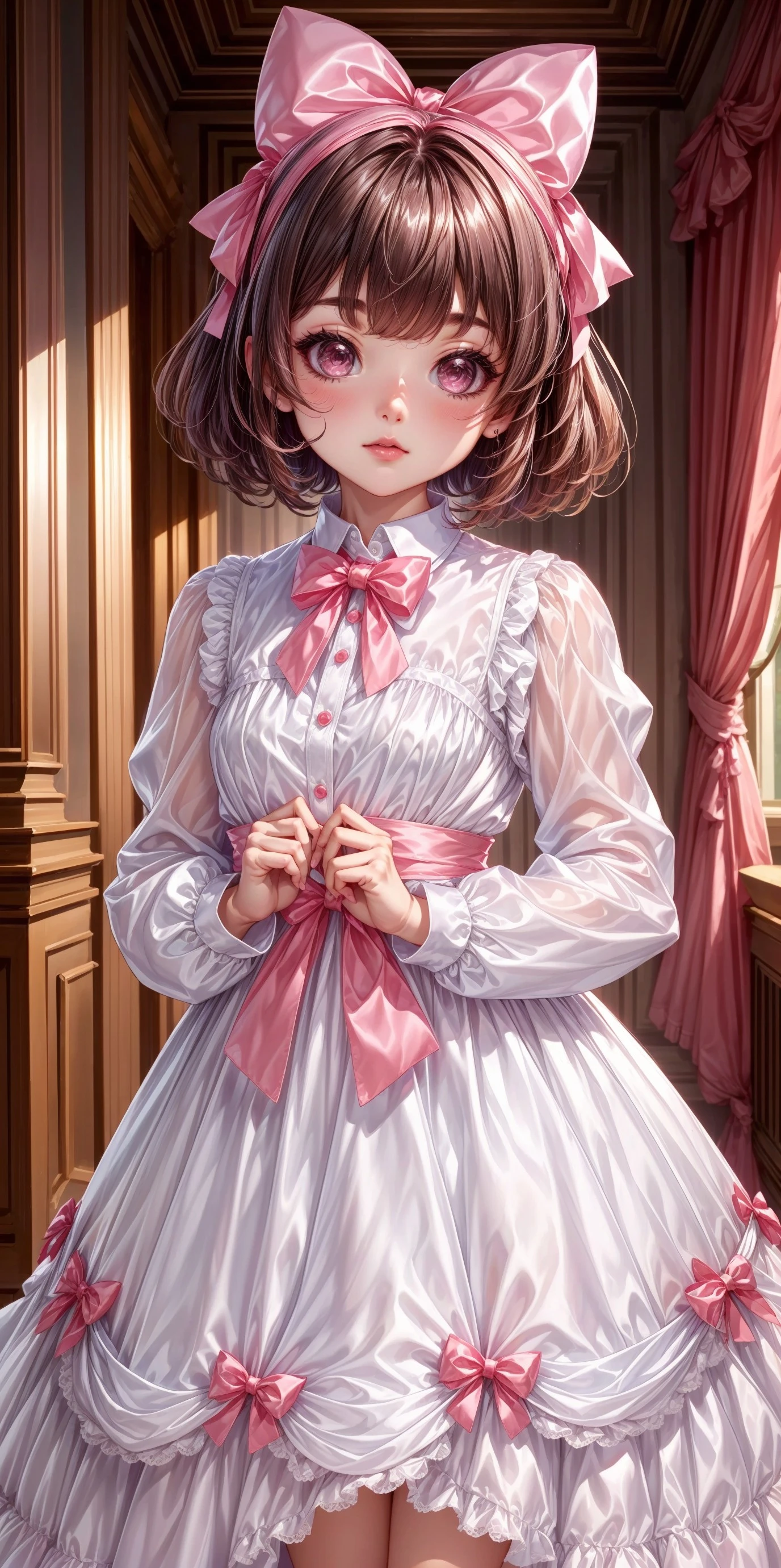 (front facing, facing viewer) 1girl, white long shiny satin dress, white high attached collar, white long sleeves, pink waist ribbon, white long attached (ribboned tiered shiny satin dress_skirt), bows, pink bows, pink bowtie, white lace, white lace trim, <lora:more_details:0.7>, <lora:scene_:0.5>, <lora:FashionComplexityEnhancerLORAv1:0.4>, <lora:d0c416d0-5269-48fd-a9e2-27157b4ae115:0.6>, <lora:96073874-f082-4683-942e-601cecac5c40:0.3>, <lora:f7d08feb-f21d-42d0-9ef1-a9481867524d:0.3>, <lora:5844635f-c9c3-4f9e-85c4-d0d40f201159:0.3>, <lora:dde4416e-9f24-48d4-a965-d989baea5d73:0.2>, , ,