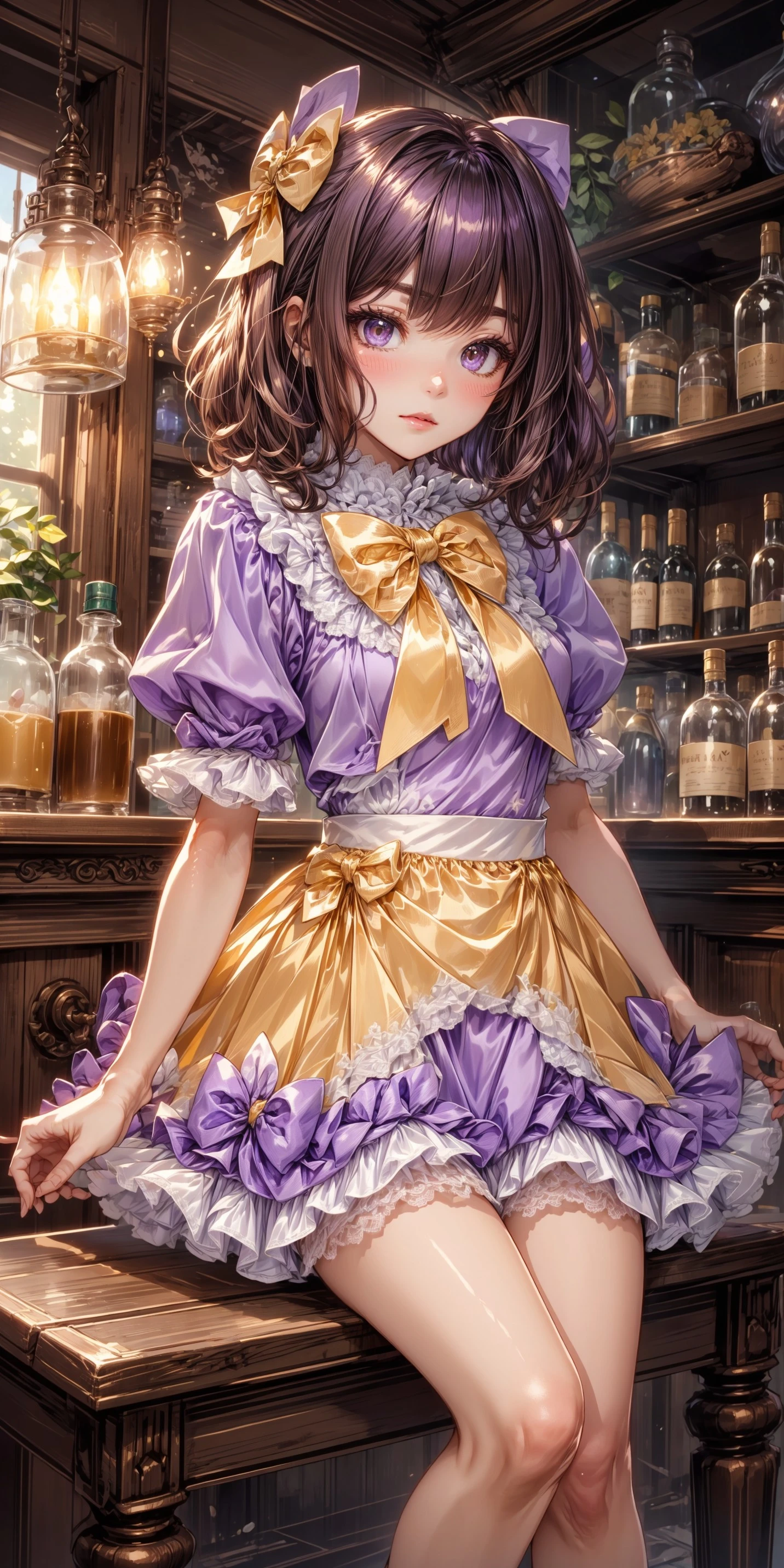 1girl, blushing, full face blushing, light purple shiny satin puffy dress, white lace peter pan collar, light purple lace-trimmed puffy short sleeves, white lace, white lace trim, (white lace trim on puffy short sleeves), light purple short attached ribboned dress skirt, white (puffy petticoat), petticoat under dress, yellow bows, yellow large shiny satin bowtie, <lora:more_details:0.7>, <lora:scene_:0.5>, <lora:FashionComplexityEnhancerLORAv1:0.4>, <lora:ada14372-730c-4a75-85b0-f88aad1e5b06:0.6>, <lora:2e7fa73a-6616-4428-8b5f-0e65efaa9198:0.4>, <lora:bar:0.4>, <lora:96073874-f082-4683-942e-601cecac5c40:0.3>, <lora:f7d08feb-f21d-42d0-9ef1-a9481867524d:0.3>, , , , ,