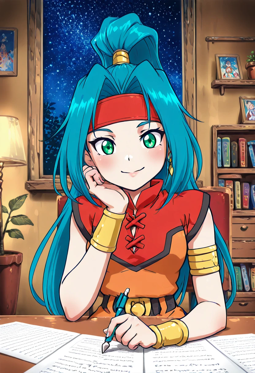 masterpiece, best quality, solo, curvy, beautiful eyes, narrow waist, wide hips, 1girl, solo, smile, looking at viewer, foreshortening, close up,      zzMariam, green eyes, long hair, blue hair, ponytail,   headband, belt, earrings, bracelet, dress, chinese clothes, black skirt,   ,  <lora:MariamBeybladeIXL:1.0>, , zzLofi, sitting, side view, desk, chair, book, bookshelf, head rest, holding, holding pen, lamp, night, open book, pen, plant, potted plant, sky, star (sky), starry sky, window, windowsill, writing, <lora:LofiGirl_Style_IXL:0.8>,