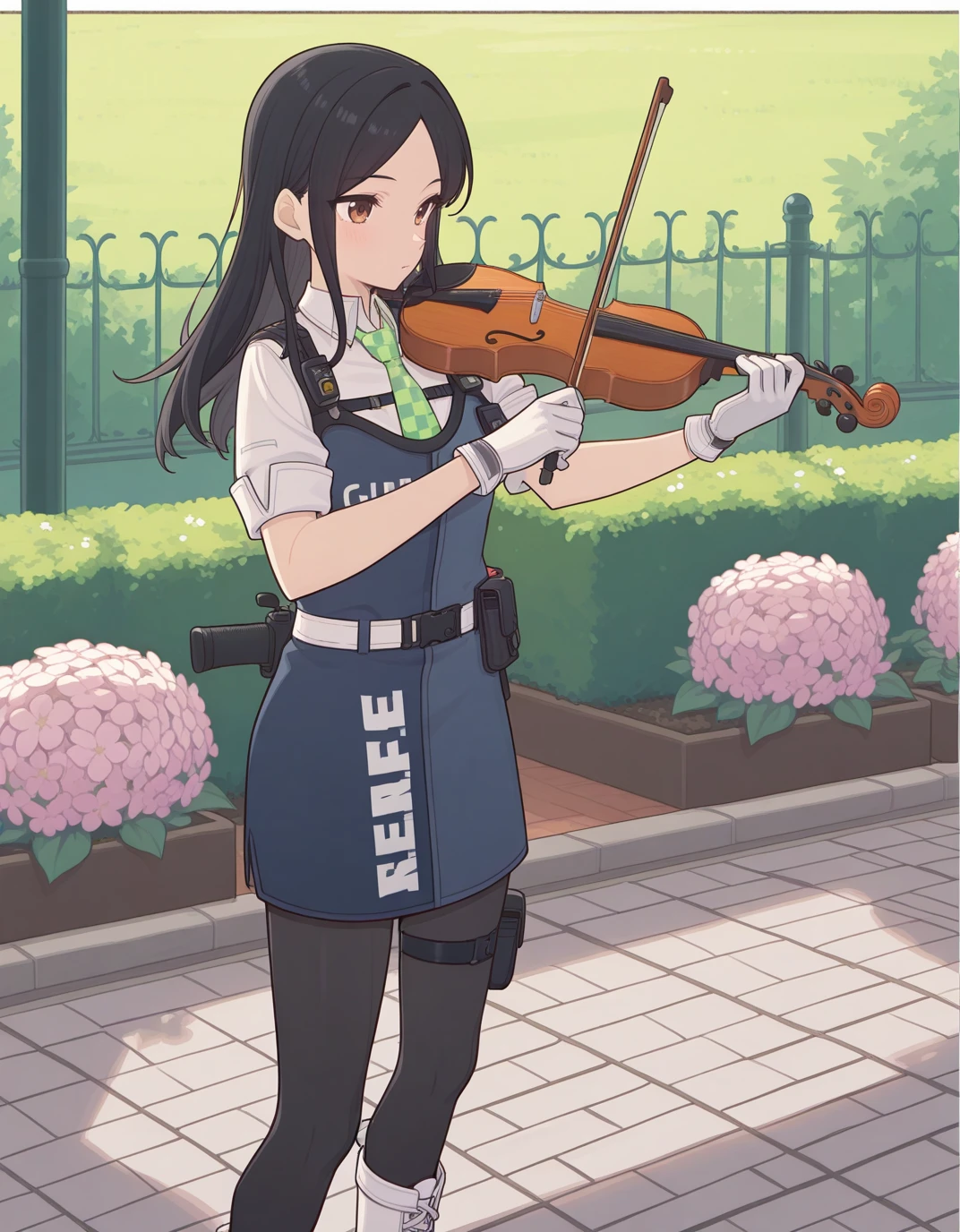 solo, <lora:AESita:0.8> AESita, brown eyes, black hair, long hair, parted bangs, blue dress, green necktie, collared shirt, short sleeves, white shirt, white gloves, holster, walkie-talkie, belt, black pantyhose, thigh strap, cross-laced footwear, white footwear, <lora:AETeshimaNari:1> playing instrument, violin, garden, outdoors, flower bed,, masterpiece, best quality, high quality, highres, 4k, newest, anime,