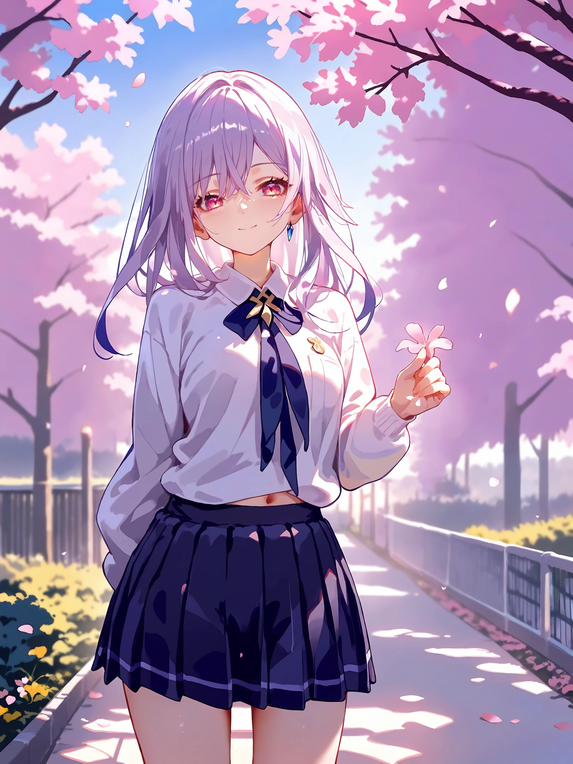 score_9, score_8_up, score_7_up, source_anime, ray tracing, best quality, <lora:Char-Genshin-Skirk-V2-Pony:0.9:hr=0.6> <lora:pony-softNai3Style:0.7>, softNai3Style, 1girl, solo, skirk \(genshin impact\), solo, school uniform, white shirt, sweater, pleated skirt, light smile, looking at viewer, outdoors, street, cherry blossoms, petals, depth of field