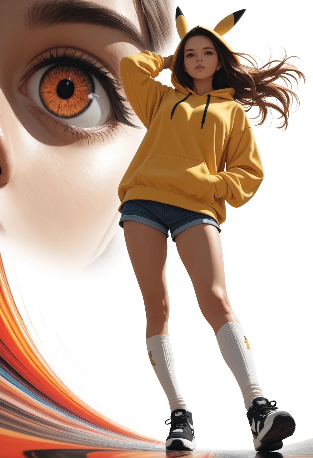 masterpiece, best quality, ultra-detailed, 8k resolution, high dynamic range, absurdres, stunningly beautiful, intricate details, sharp focus, detailed eyes, cinematic color grading, high-resolution texture,
adult, 1woman, very awa, 
light gradient, chiaroscuro, tenebrism,
white background, simple background, abstract background pattern, distortion effect, 
looking at viewer,
floating hair, 
dynamic angle,
pikachu hoodie, casual, 
from below, shorts, knee socks, 
portrait, eye view, full body with face focus,