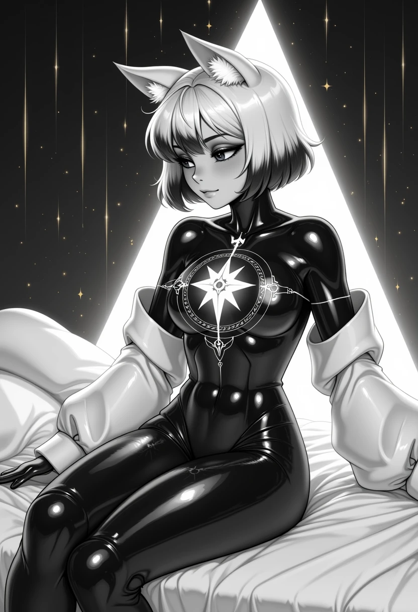 newtooncore, side view, dutch angle, A black-and-white android girl with large cat-like ears sits gracefully on a white bed, her entire form rendered in glossy monochrome tones. Her short bob-cut hair is a smooth gradient of white to charcoal, with soft reflections playing across her sleek surface. Her face is minimalist yet expressive, with large dark eyes . A small glowing symbol in the center of her forehead. Her body is composed of reflective black and silver plating, sculpted in smooth, organic curves. She wears an oversized pure white shirt that drapes loosely over her frame, creating a stark contrast against her metallic skin. At the center of the shirt glows a highly detailed, radiant compass emblem — ornate and luminous, like a relic from a divine machine. Around her, faint golden sparkles drift in the air, illuminating the soft fabric and giving the scene a sacred, sci-fi reverence. A gentle triangular beam of white light descends from above, framing her in celestial clarity. The composition feels serene yet powerful — a black-and-white goddess wrapped in divine light and futuristic grace.